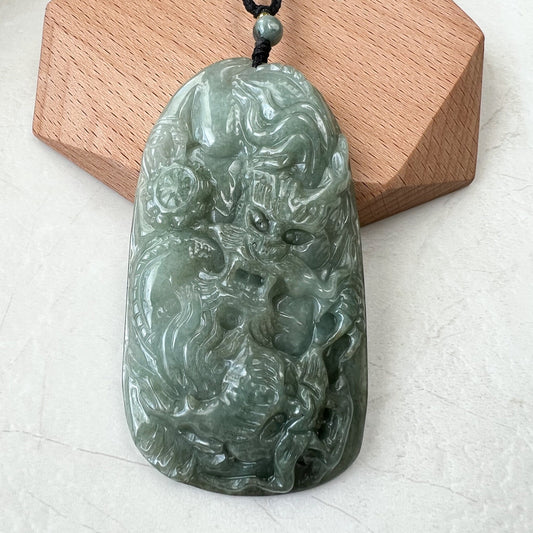 Twin Jade Dragon, Green Jadeite Jade, Chinese Zodiac Hand Carved Pendant Necklace, YJ-1221-0213916 - AriaDesignCollection
