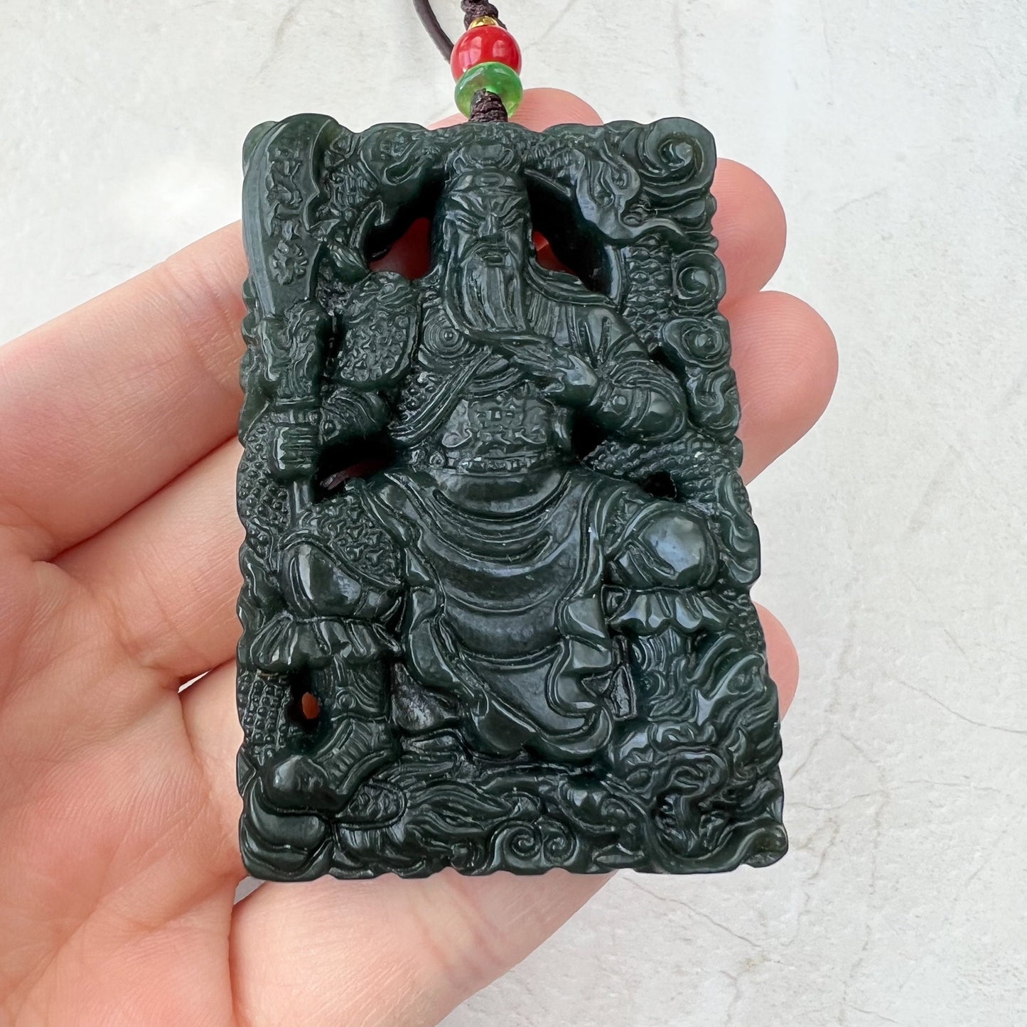 Dark Green Black Nephrite Jade Guan Yu Guan Gong, 关公, Carved Pendant Necklace, RM-1221-1648483726 - AriaDesignCollection