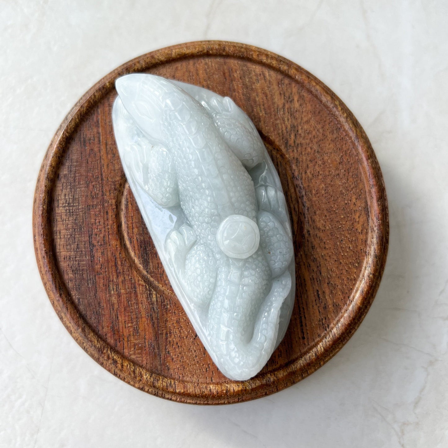 Jadeite Jade Lizard on Leaf, Feng Shui, Chinese Hand Carved Statue, Figurine, Display, Decoration, Green Jade, YJ-0322-0336530 - AriaDesignCollection