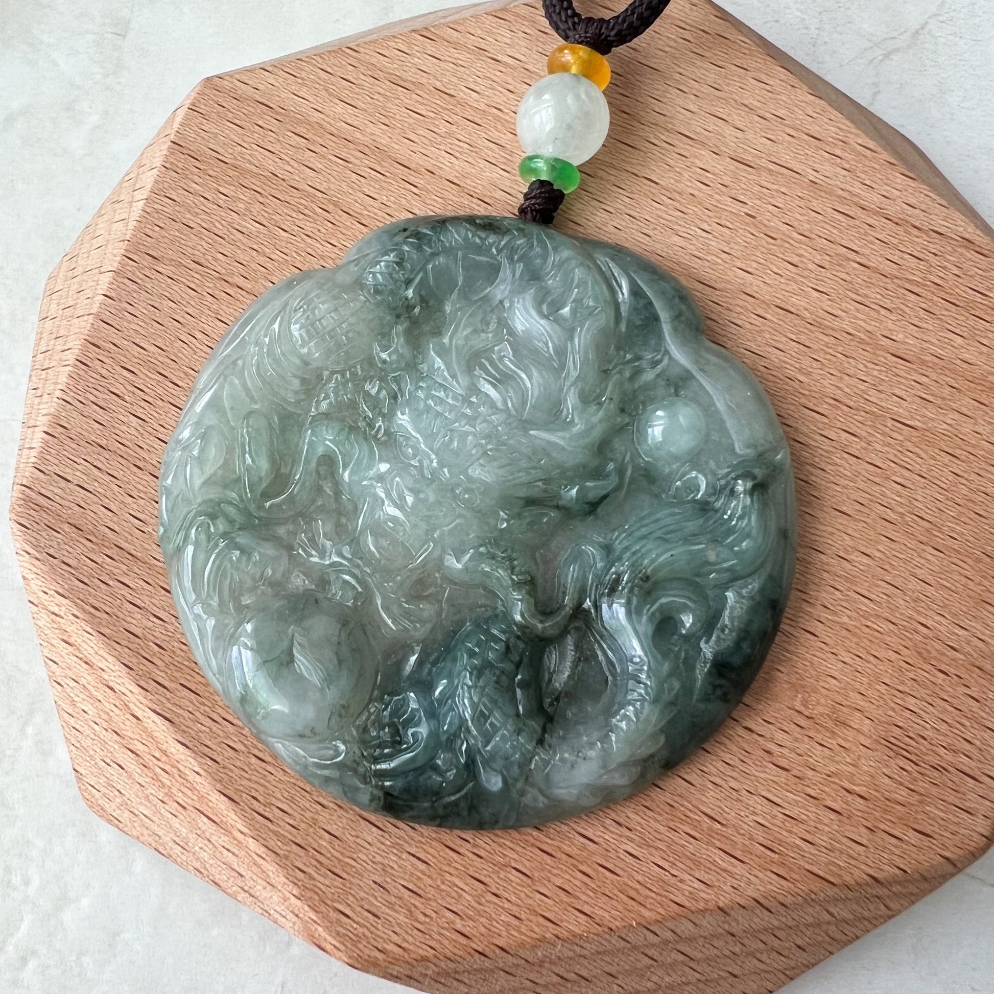 Icy Translucent Green Jadeite Jade Dragon Chinese Zodiac Hand Carved Pendant Necklace, YJ-0322-0355363 - AriaDesignCollection