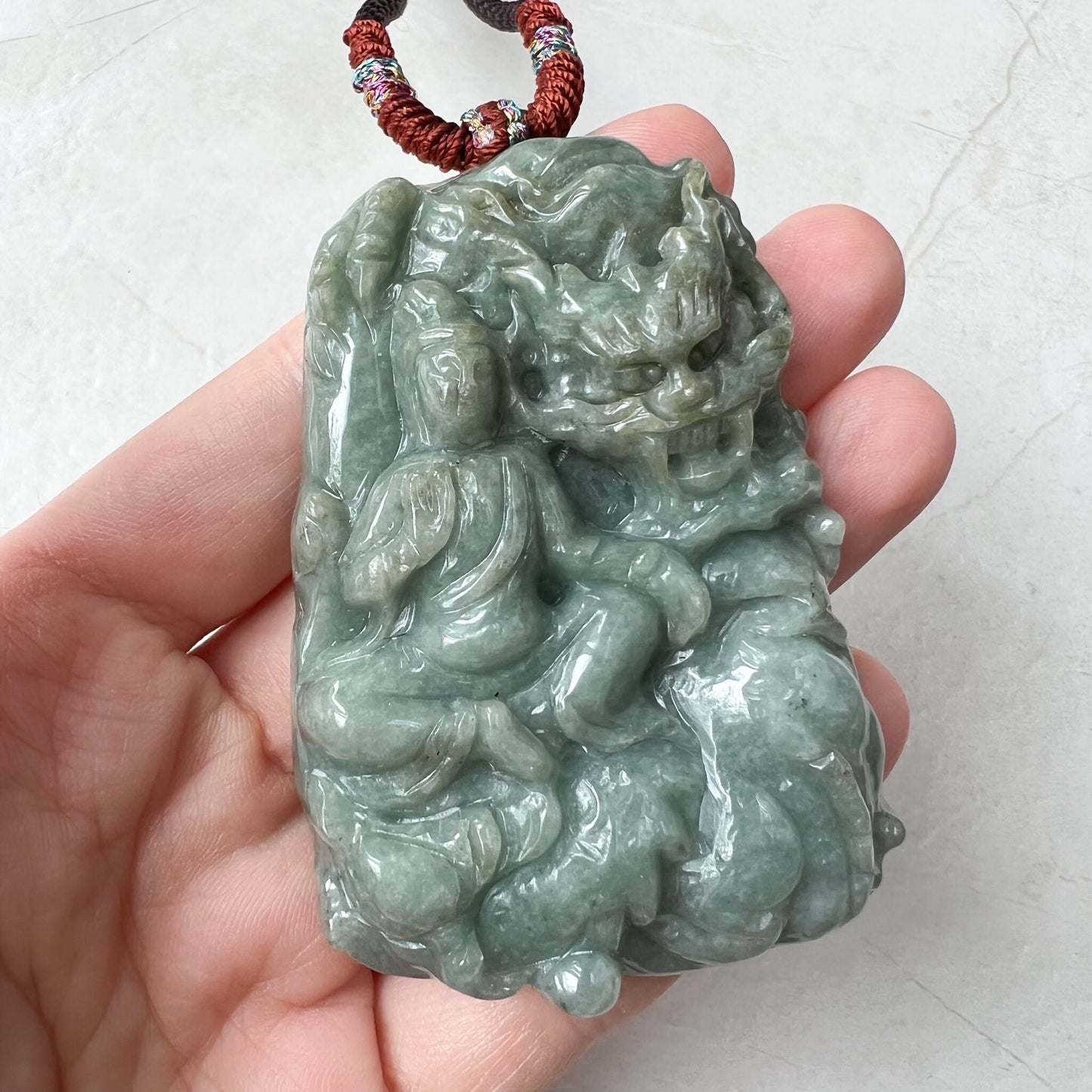 Large Jadeite Jade Guan Yin Kwan Yin Protected by Dragon Avalokitesvara Semi-Translucent Carved Pendant Necklace, Quan Am, YJ-1221-0252084 - AriaDesignCollection
