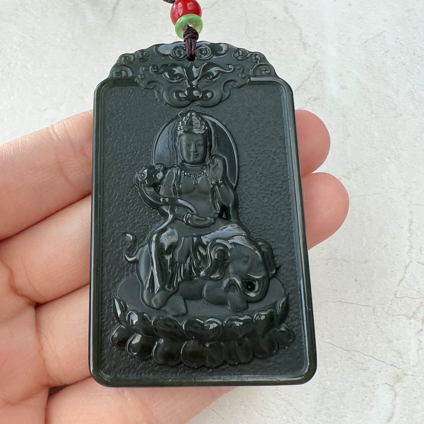 Dark Green Nephrite Jade Samantabhadra Buddha bodhisattva with elephant, Pu Xian, Phổ Hiền Bồ Tát,Dragon Pendant Necklace,RM-1221-1649390389 - AriaDesignCollection