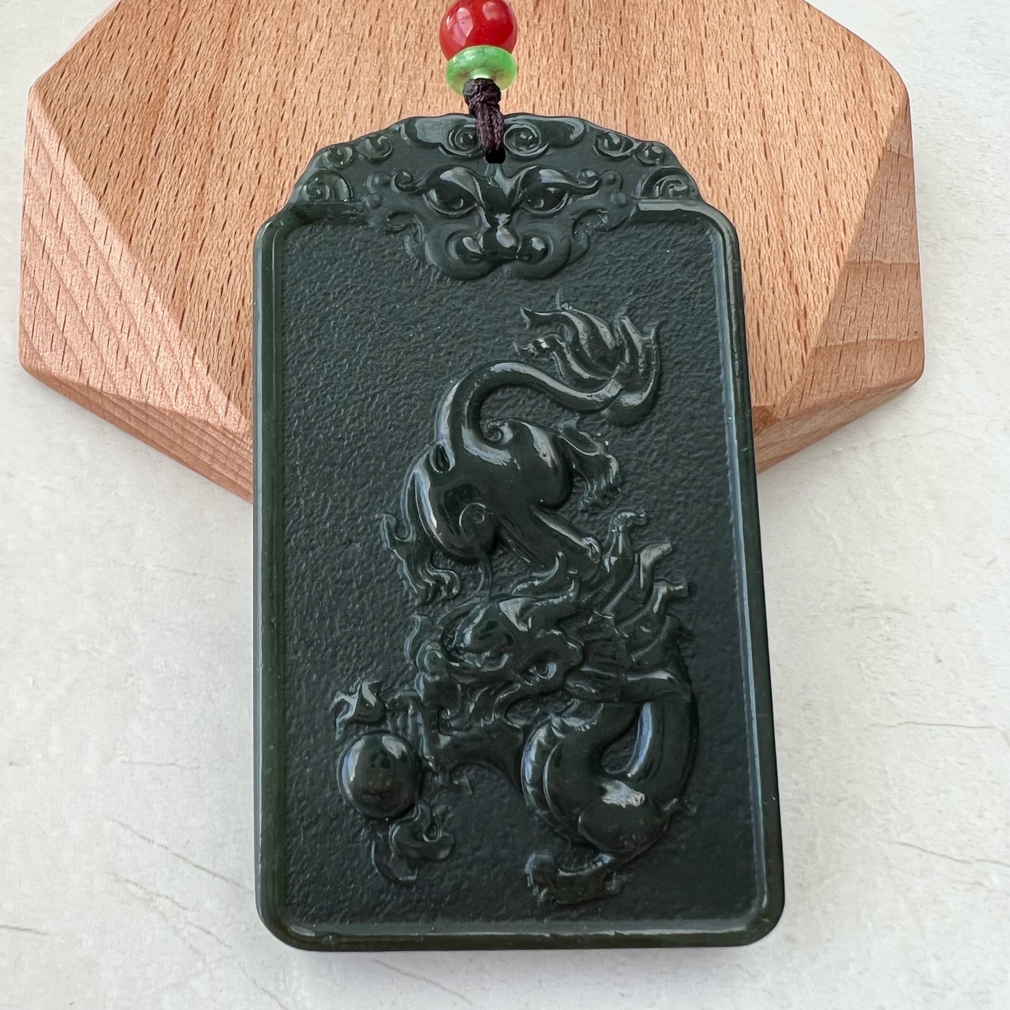 Dark Green Nephrite Jade Samantabhadra Buddha bodhisattva with elephant, Pu Xian, Phổ Hiền Bồ Tát,Dragon Pendant Necklace,RM-1221-1649390389 - AriaDesignCollection