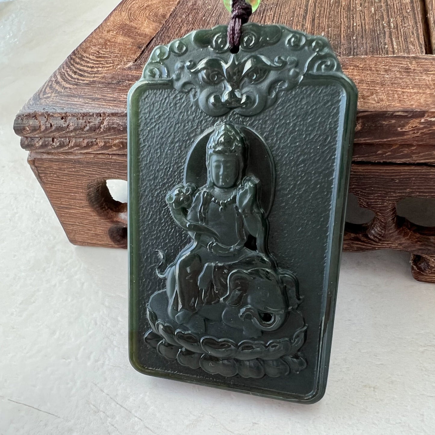 Dark Green Nephrite Jade Samantabhadra Buddha bodhisattva with elephant, Pu Xian, Phổ Hiền Bồ Tát,Dragon Pendant Necklace,RM-1221-1649390389 - AriaDesignCollection