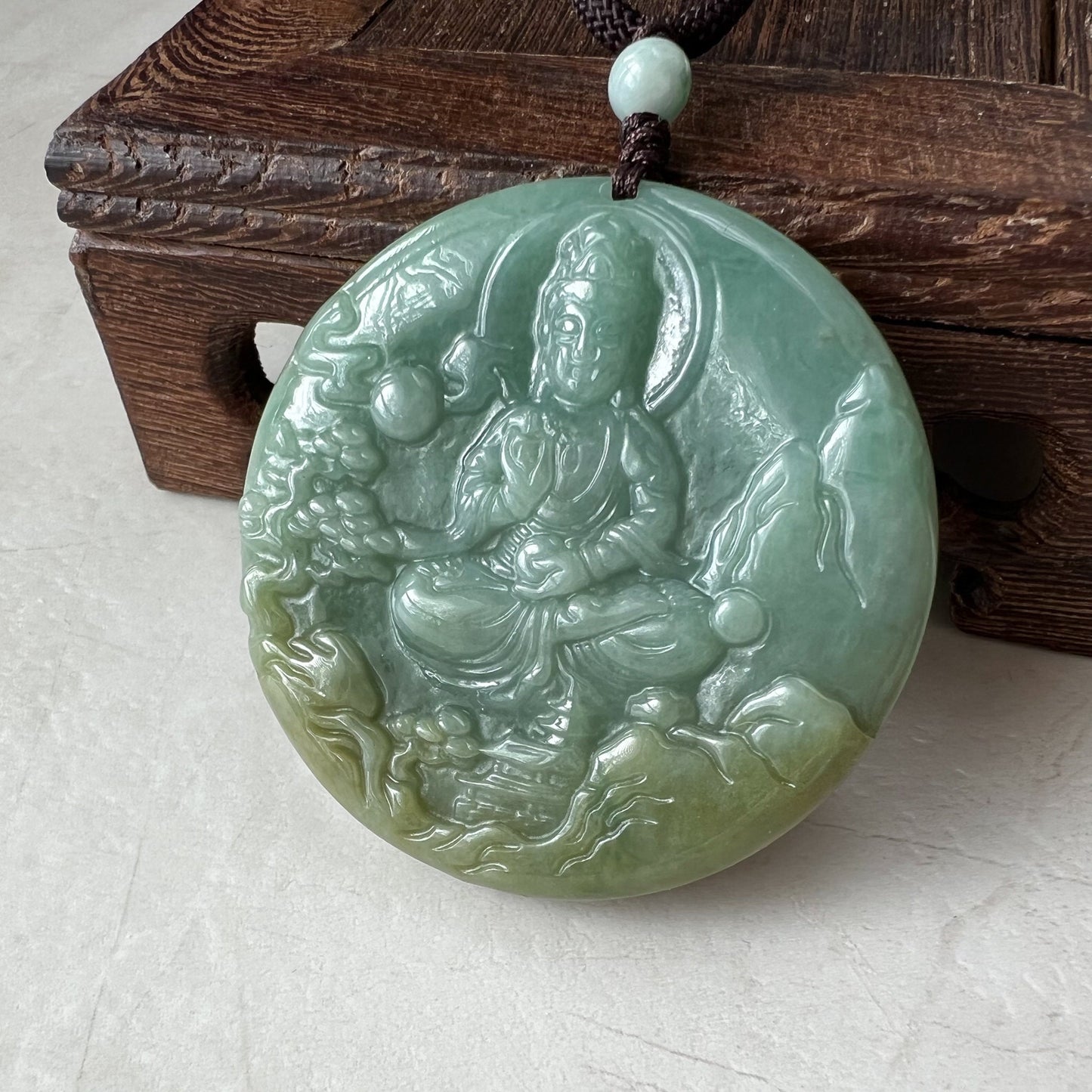 Green Jadeite Jade Guan Yin Avalokiteshvara Hand Carved Pendant Necklace, YJ-0322-0315224 - AriaDesignCollection