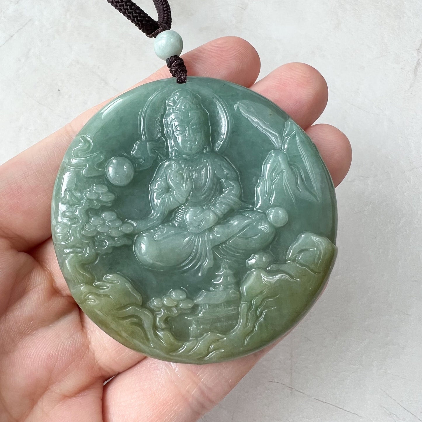 Green Jadeite Jade Guan Yin Avalokiteshvara Hand Carved Pendant Necklace, YJ-0322-0315224 - AriaDesignCollection