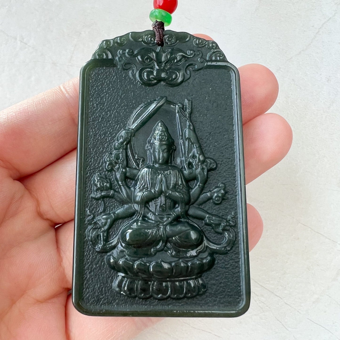 Dark Green Nephrite Jade Thousand Hand Guan Yin Necklace, Quan Am, 观音, Rat Zodiac Hand Carved Pendant, Female Buddha, RM-1221-1649436719 - AriaDesignCollection