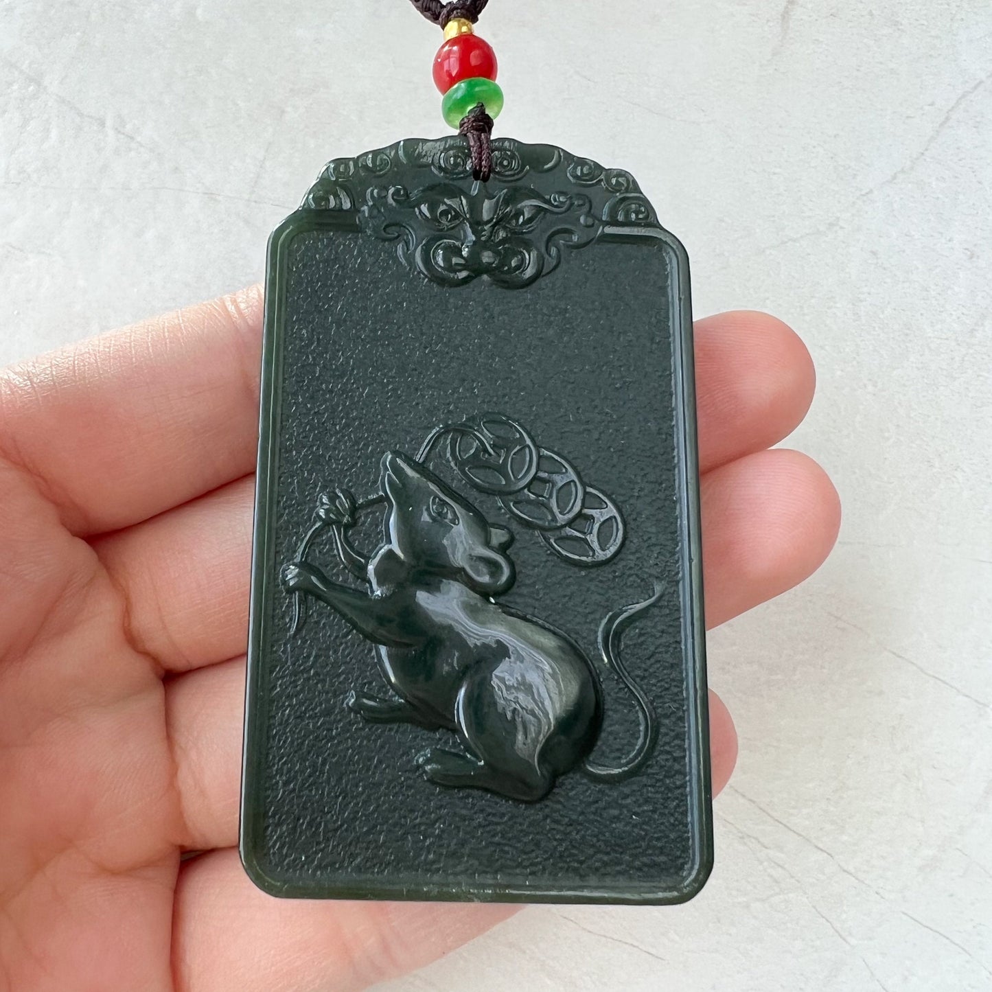 Dark Green Nephrite Jade Thousand Hand Guan Yin Necklace, Quan Am, 观音, Rat Zodiac Hand Carved Pendant, Female Buddha, RM-1221-1649436719 - AriaDesignCollection