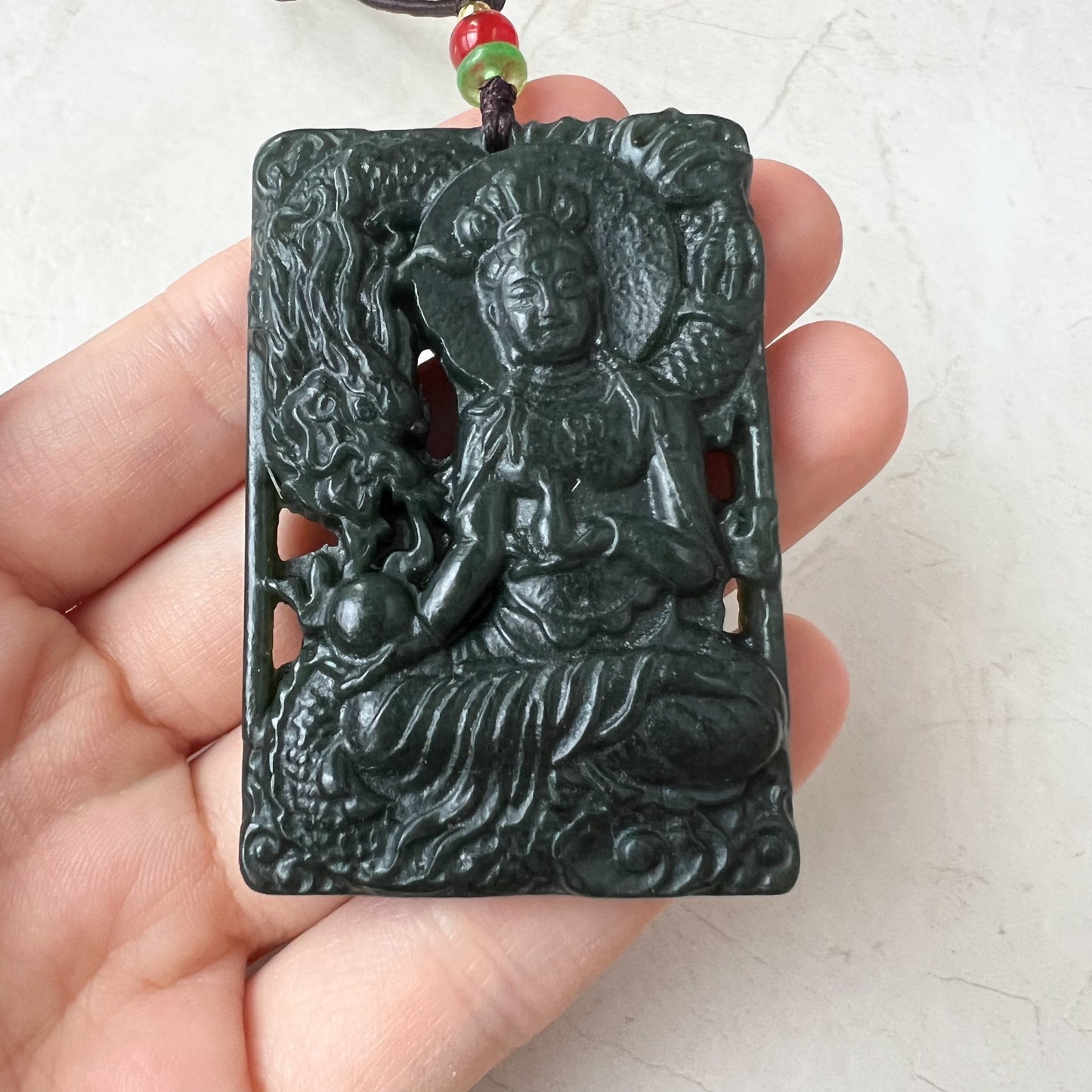 Nephrite Jade Guan Yin Necklace, Hand Carved, Dark Green Jade, Quan Am, Female Buddha Pendant, RM-1221-1649624212 - AriaDesignCollection
