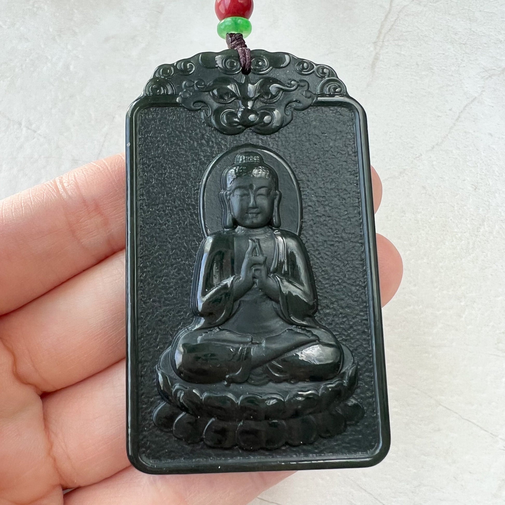Nephrite Jade Amitabha Buddha Amita Amida, 阿弥陀佛, Pig Zodiac Carved Pendant Necklace, RM-1221-1649625525 - AriaDesignCollection