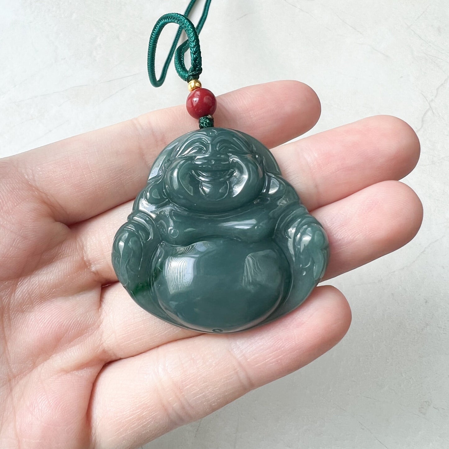 Large Happy Buddha, Blue Green Jadeite Jade Carved Jadeite Pendant, Budai, ZYF-0322-1651518861 - AriaDesignCollection
