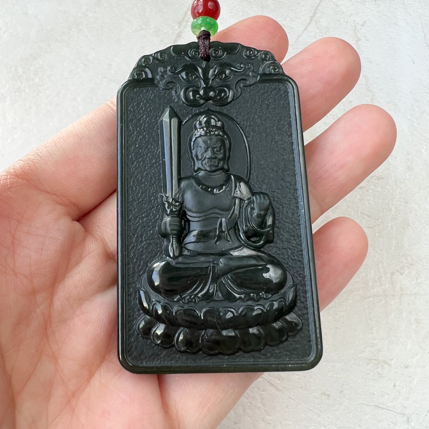 Nephrite Jade Acala Acalanātha Buddha Bu Dong Ming Wang, Bất Động Minh Vuong, Rooster Carved Pendant Necklace, RM-1221-1649711581 - AriaDesignCollection