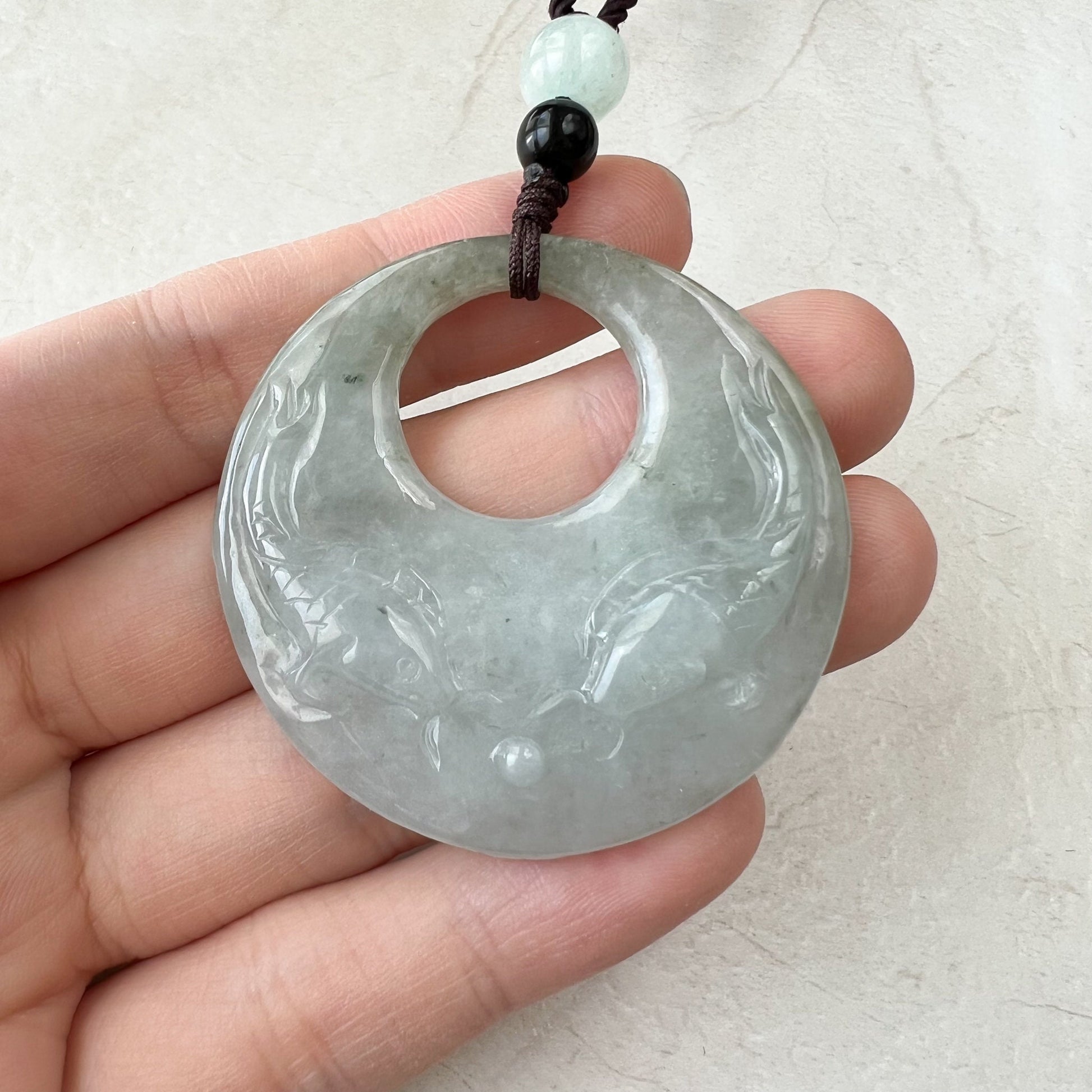 Jadeite Jade Twin Fish, Pisces Zodiac Horoscope Necklace, Hand Carved Pendant Necklace, YJ-1221-0315209-2 - AriaDesignCollection