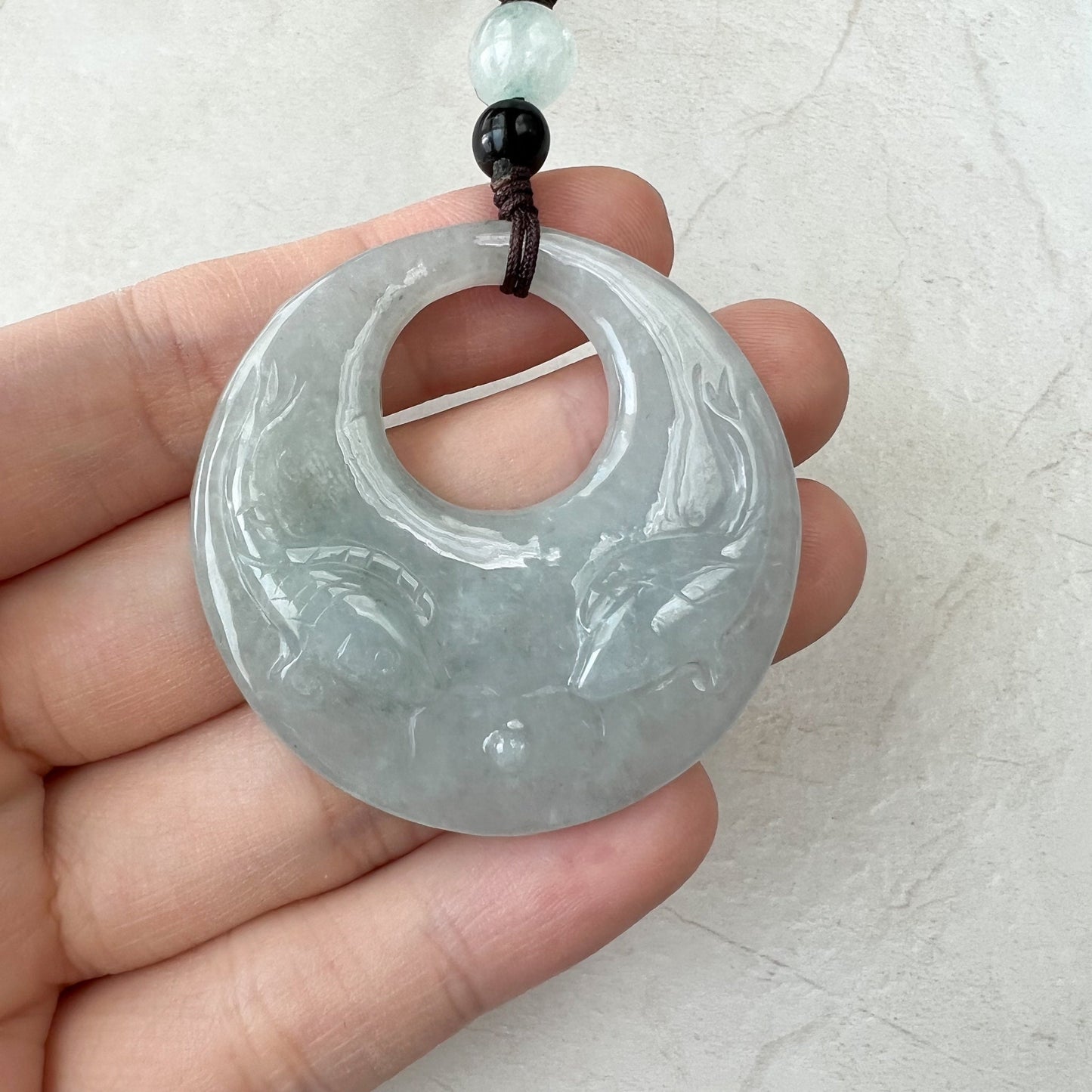 Jadeite Jade Twin Fish, Pisces Zodiac Horoscope Necklace, Hand Carved Pendant Necklace, YJ-1221-0315209-3 - AriaDesignCollection