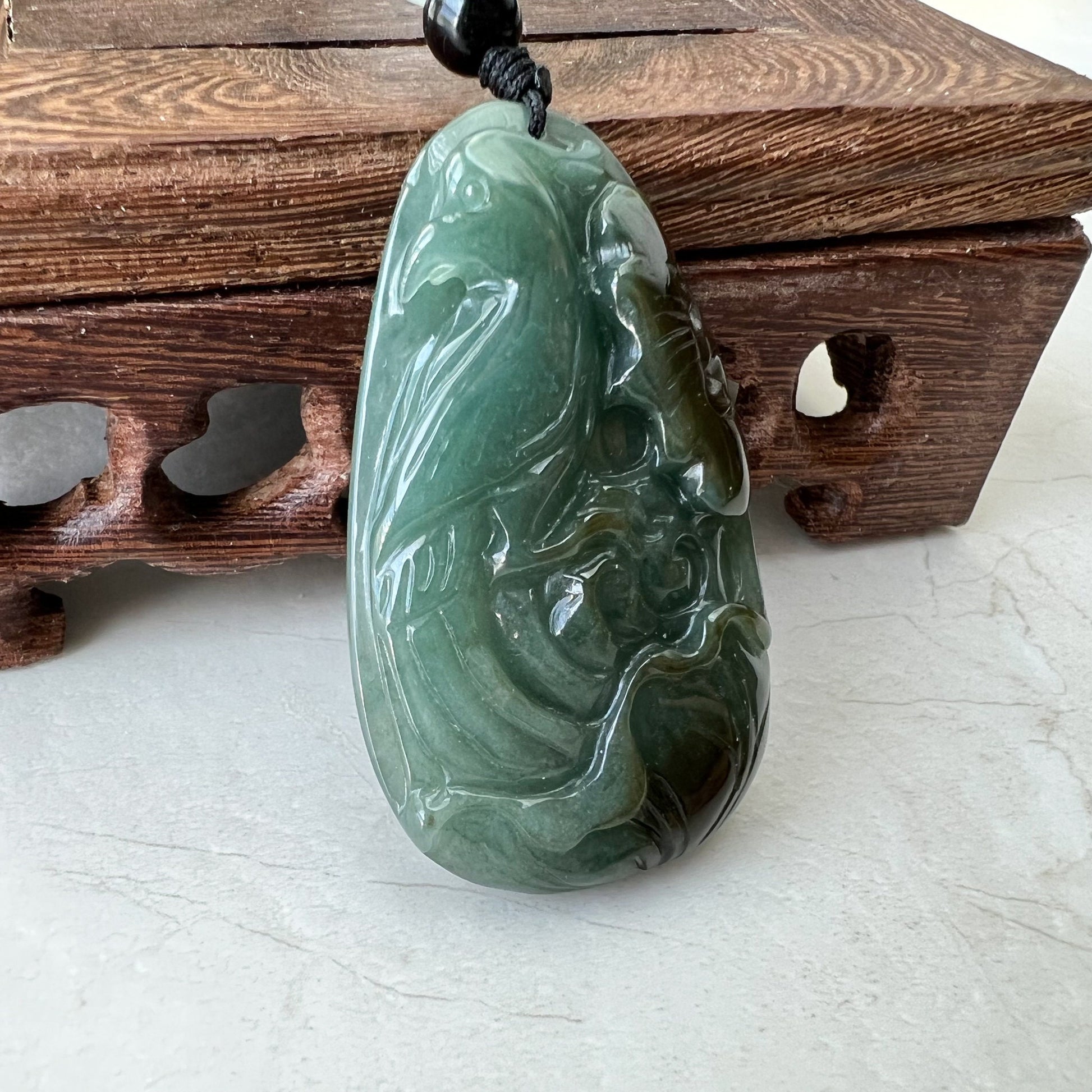 Jadeite Jade Floral Bird, Parrot Green Blue Hand Carved Pendant, YJ-1221-0336527 - AriaDesignCollection