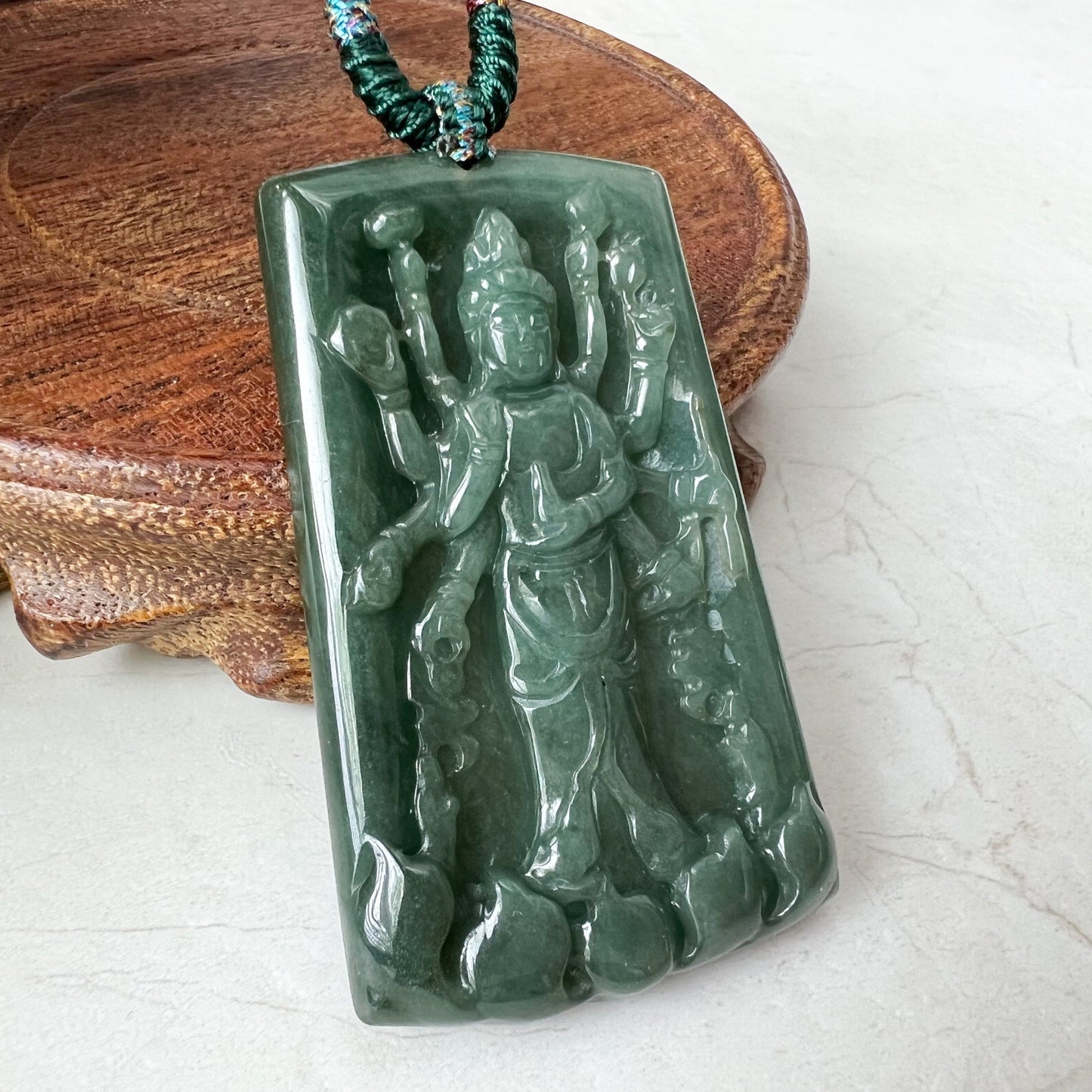 Jadeite Jade Guan Yin Avalokiteshvara Thousand Hands Carved Pendant Necklace, YJ-0322-0388080 - AriaDesignCollection