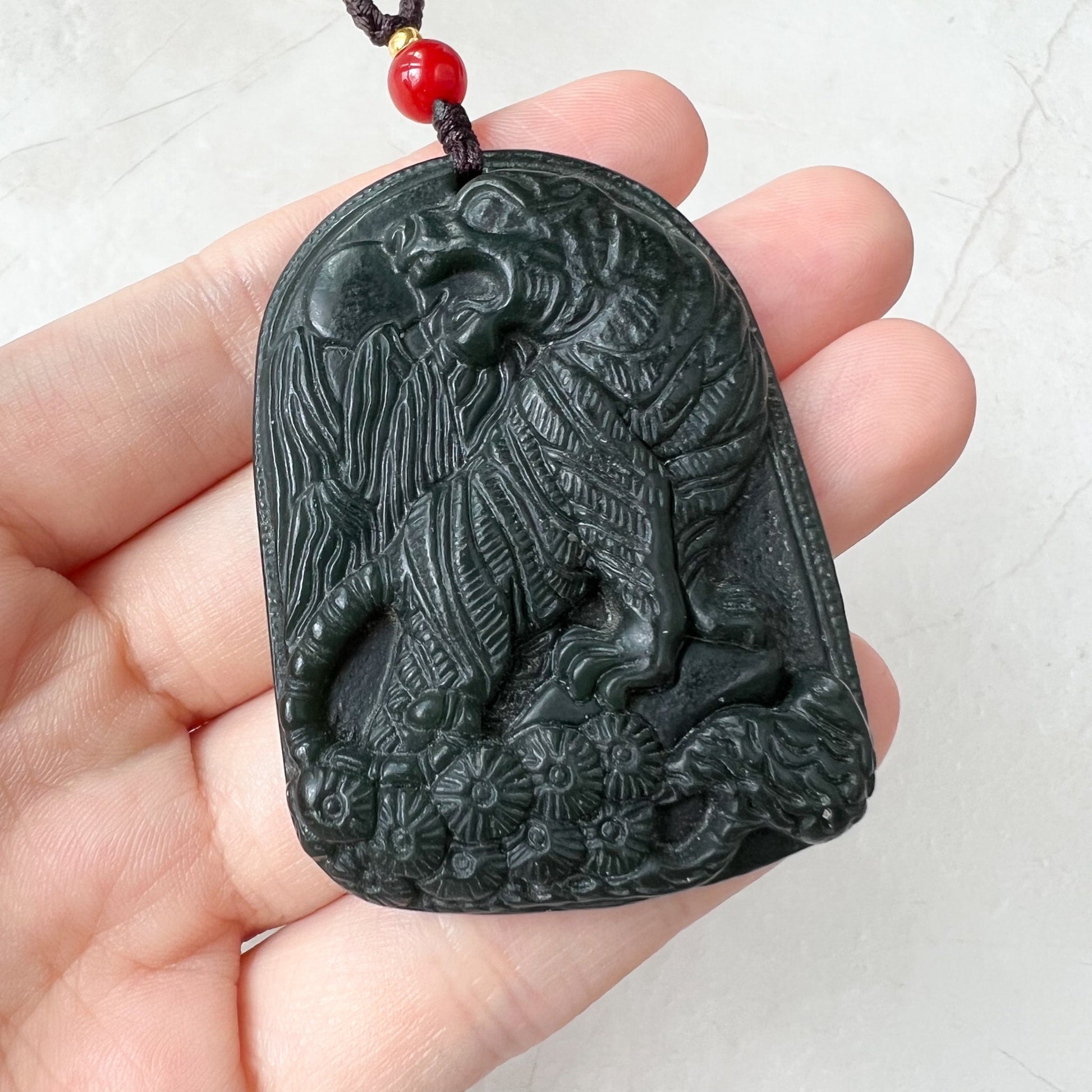 Nephrite Jade Tiger, Black Dark Green Jade, Chinese Zodiac Carved Pendant Necklace, RM-0322-1652571318 - AriaDesignCollection