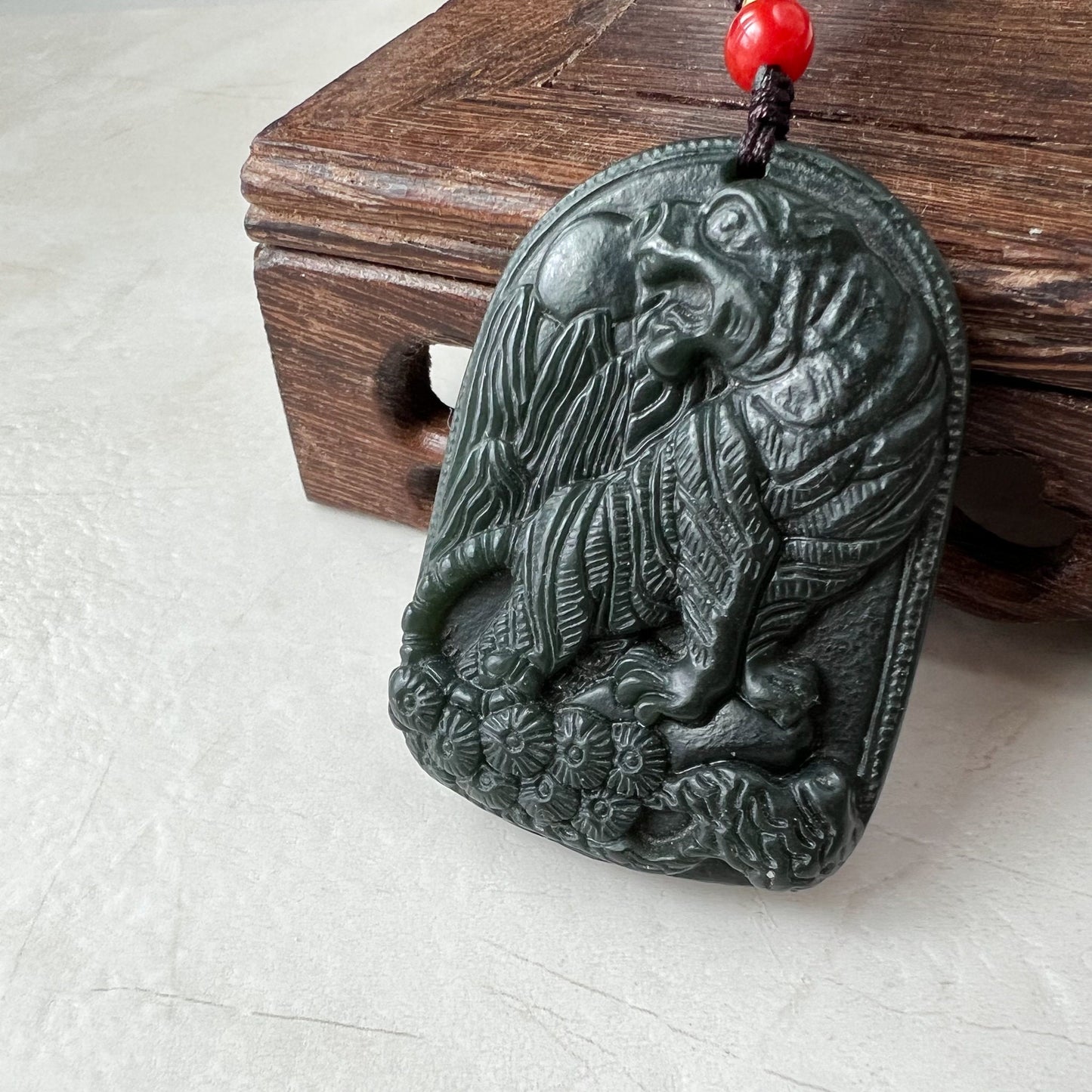 Nephrite Jade Tiger, Black Dark Green Jade, Chinese Zodiac Carved Pendant Necklace, RM-0322-1652571318 - AriaDesignCollection