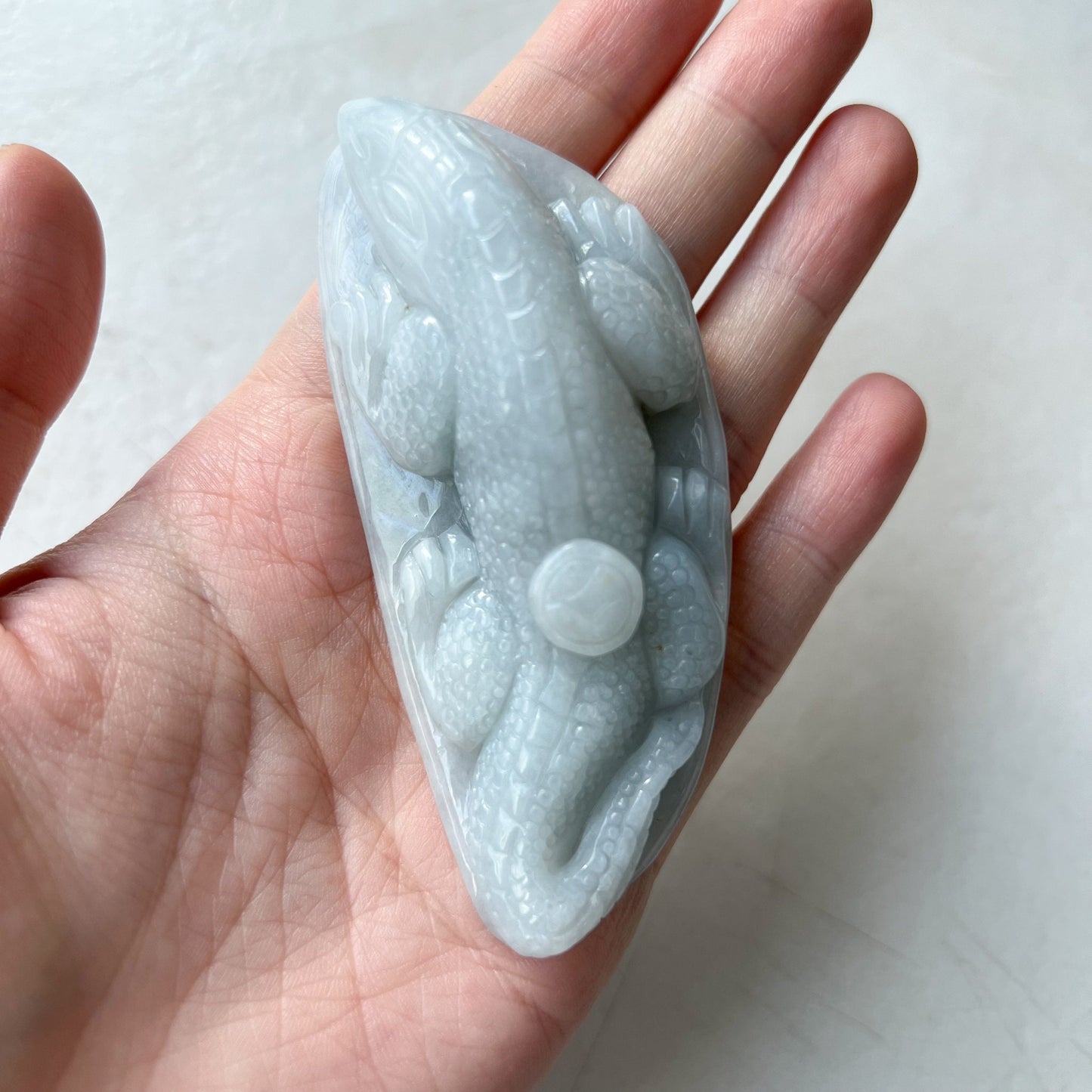 Jadeite Jade Lizard on Leaf, Feng Shui, Chinese Hand Carved Statue, Figurine, Display, Decoration, Green Jade, YJ-0322-0336530 - AriaDesignCollection