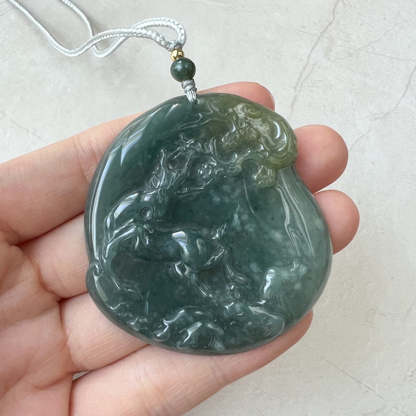 Green Jadeite Jade Deer in Forest Hand Carved Pendant Necklace, ZYF-0322-1652657255 - AriaDesignCollection