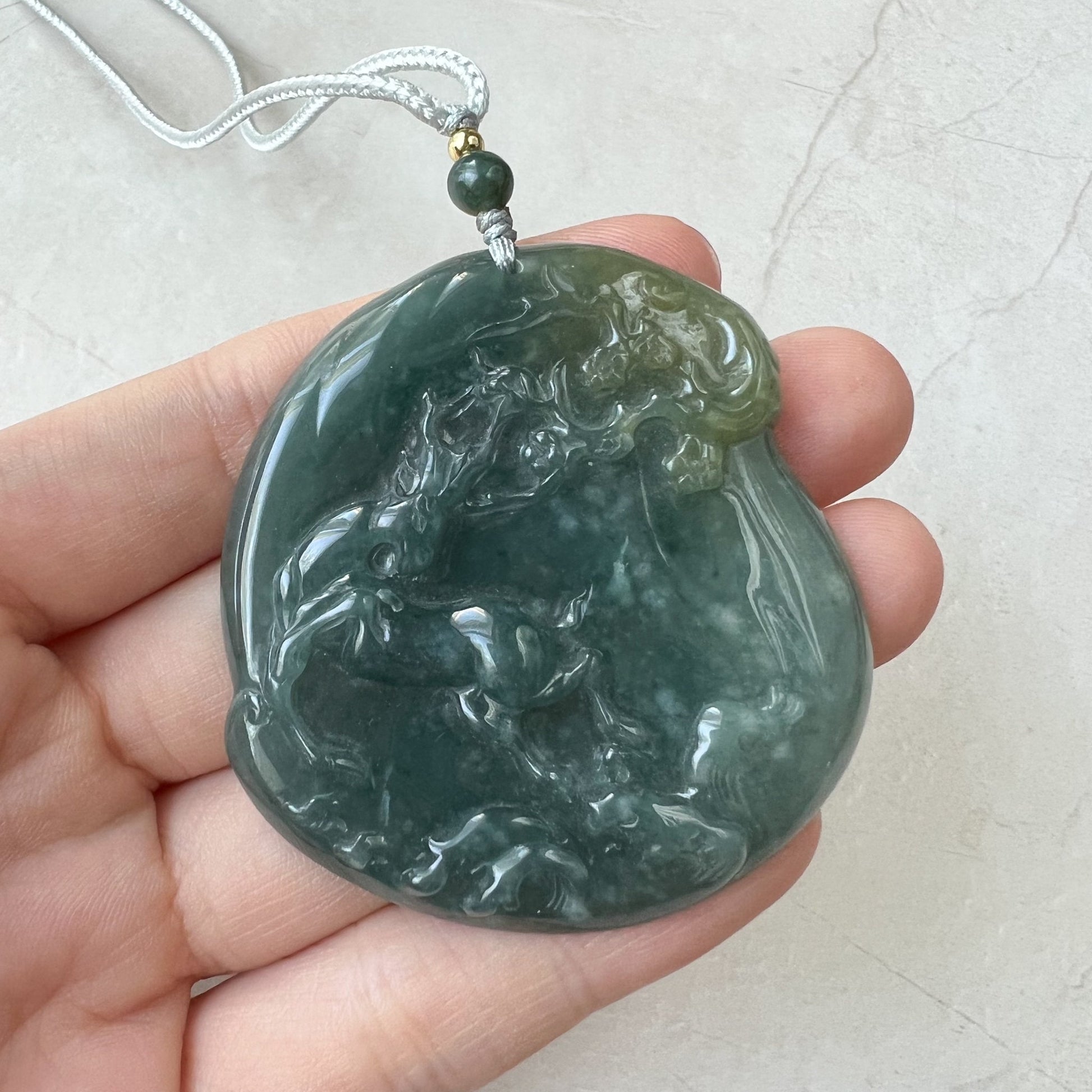 Green Jadeite Jade Deer in Forest Hand Carved Pendant Necklace, ZYF-0322-1652657255 - AriaDesignCollection
