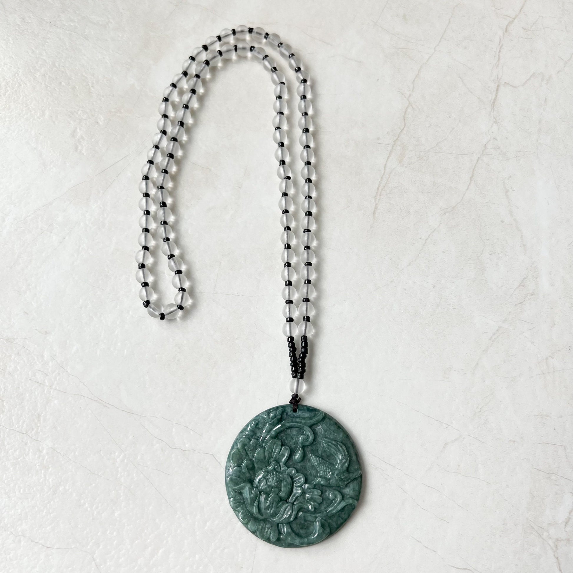 Green Jadeite Jade Floral Bird, Magpie, Hand Carved Pendant, YJ-0322-0319721 - AriaDesignCollection