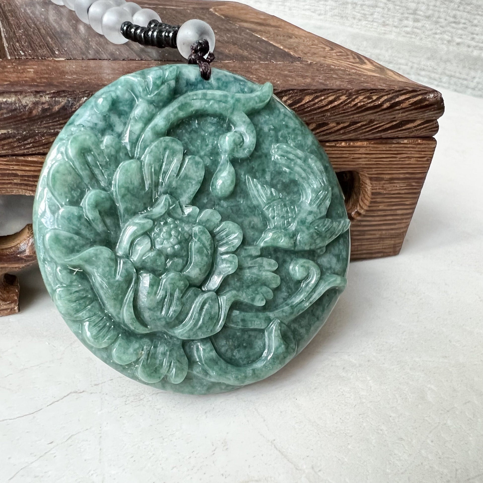 Green Jadeite Jade Floral Bird, Magpie, Hand Carved Pendant, YJ-0322-0319721 - AriaDesignCollection