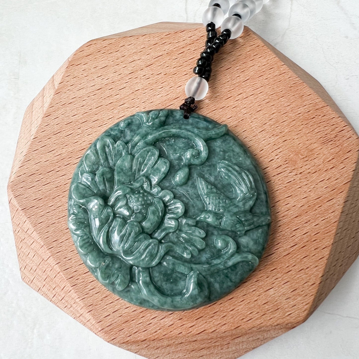 Green Jadeite Jade Floral Bird, Magpie, Hand Carved Pendant, YJ-0322-0319721 - AriaDesignCollection