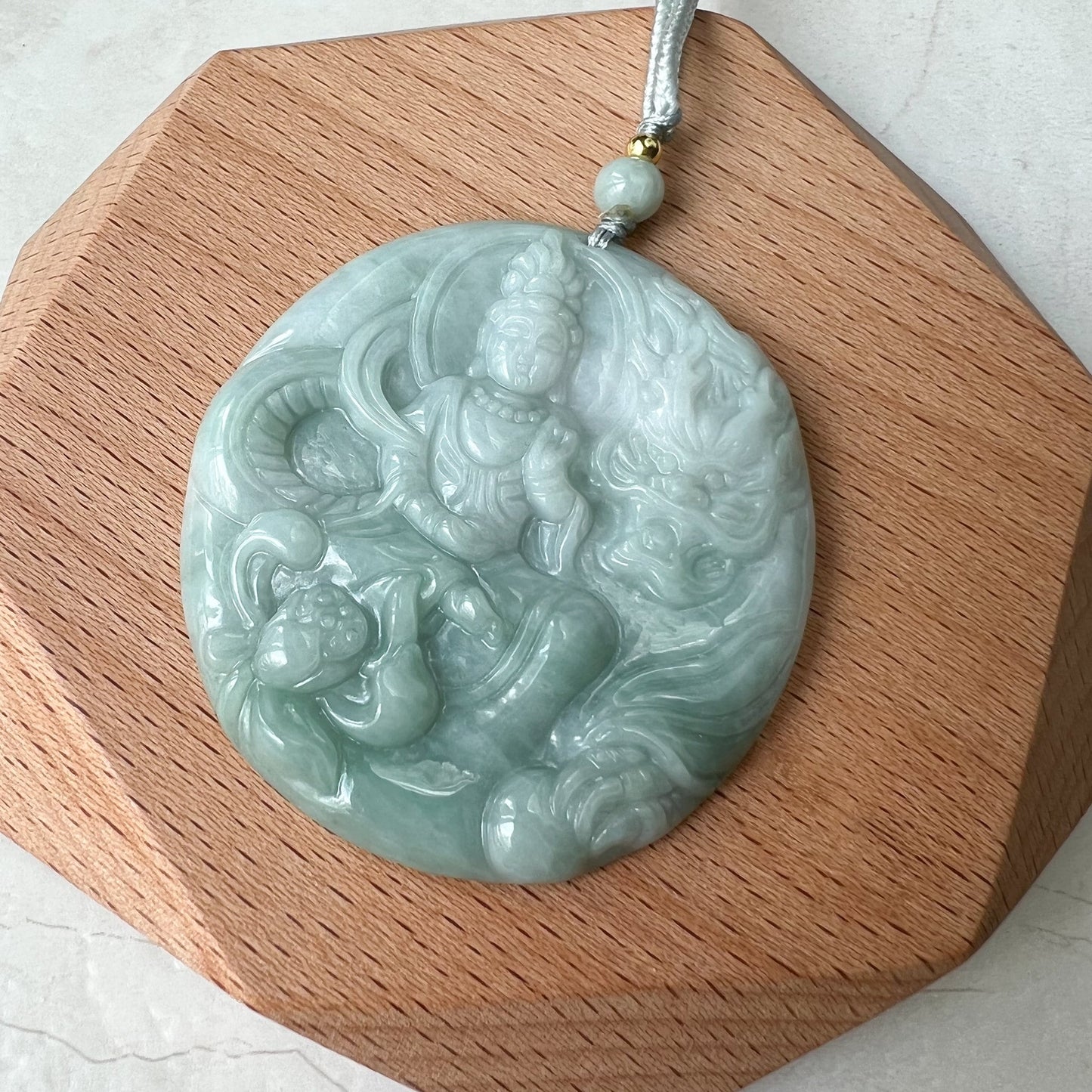 Green Jadeite Jade Guan Yin Avalokiteshvara, Dragon, Quan Am, Hand Carved Pendant Necklace, YJ-1221-0319681 - AriaDesignCollection