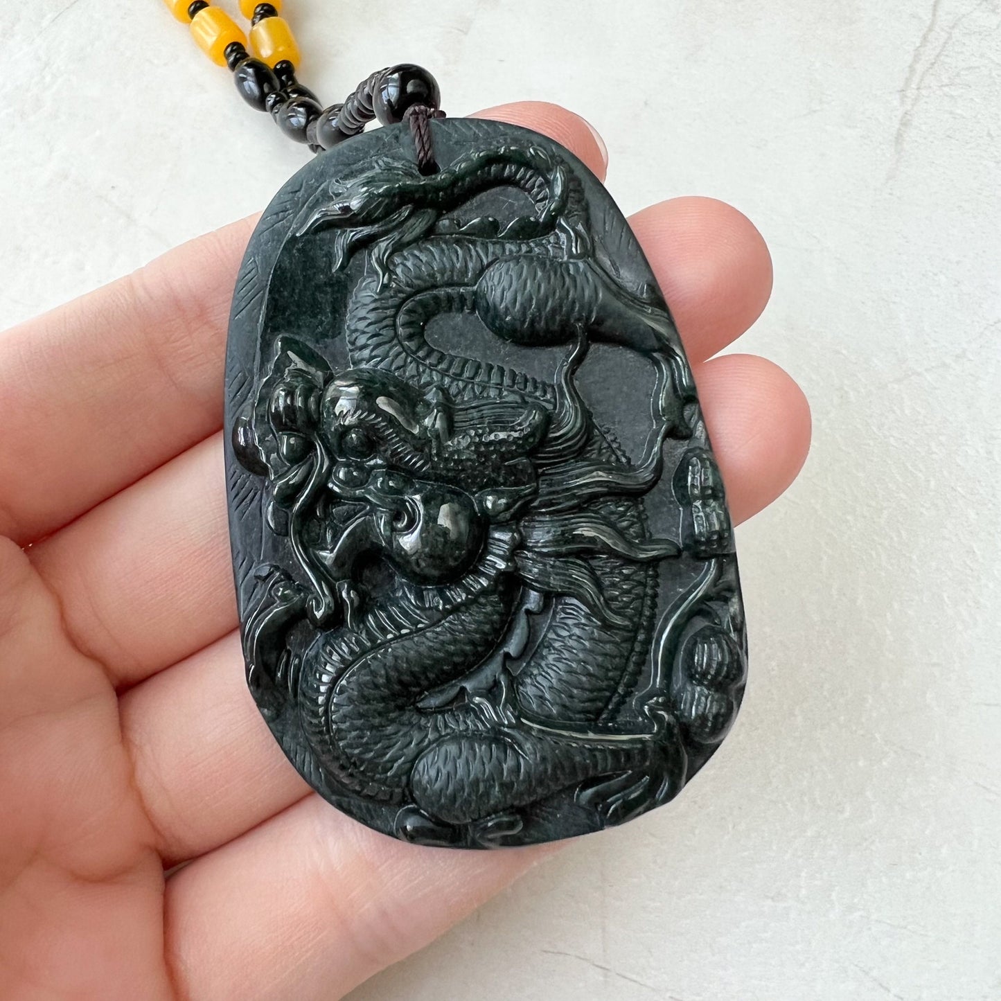 Black Jadeite Jade Omphacite Dragon Hand Carved Necklace, LGG-1221-1652974063 - AriaDesignCollection
