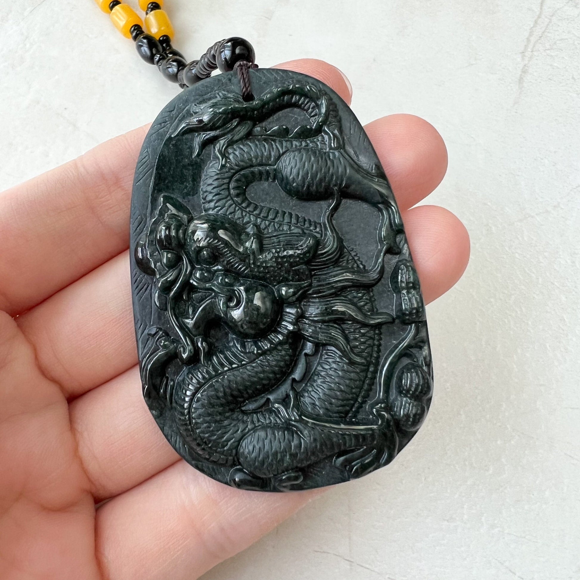 Black Jadeite Jade Omphacite Dragon Hand Carved Necklace, LGG-1221-1652974063 - AriaDesignCollection