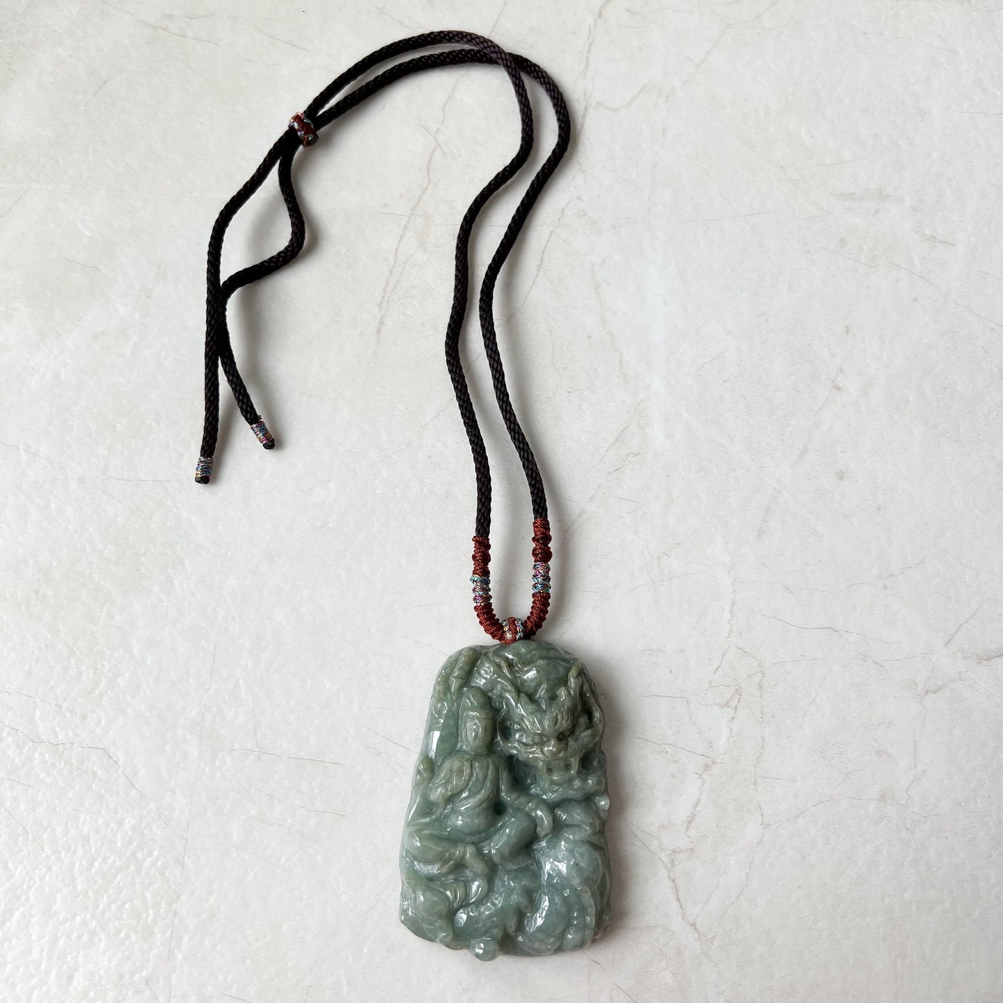 Large Jadeite Jade Guan Yin Kwan Yin Protected by Dragon Avalokitesvara Semi-Translucent Carved Pendant Necklace, Quan Am, YJ-1221-0252084 - AriaDesignCollection