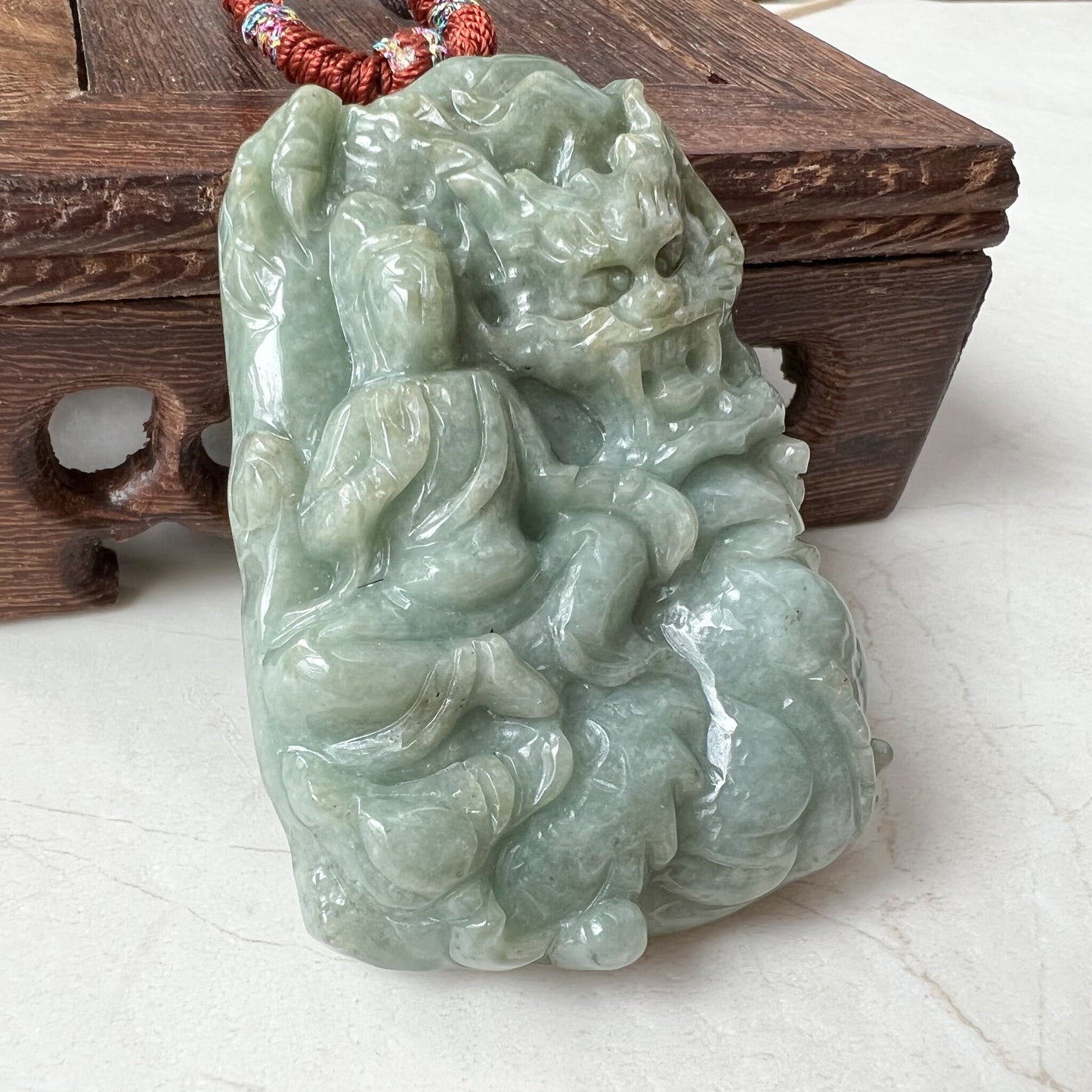 Large Jadeite Jade Guan Yin Kwan Yin Protected by Dragon Avalokitesvara Semi-Translucent Carved Pendant Necklace, Quan Am, YJ-1221-0252084 - AriaDesignCollection