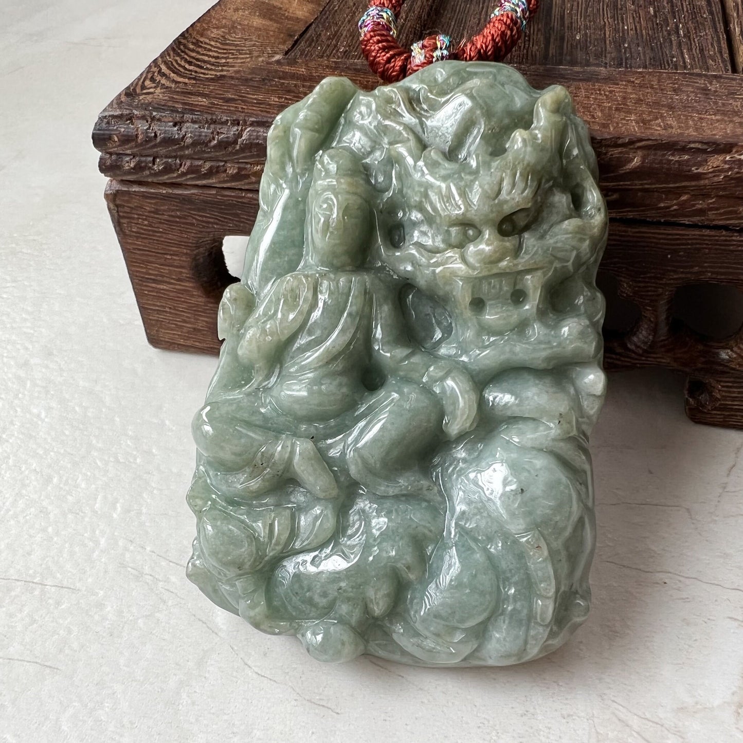 Large Jadeite Jade Guan Yin Kwan Yin Protected by Dragon Avalokitesvara Semi-Translucent Carved Pendant Necklace, Quan Am, YJ-1221-0252084 - AriaDesignCollection