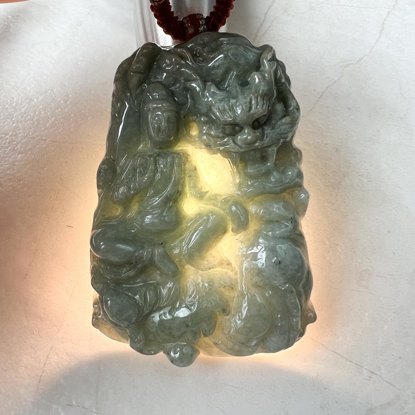 Large Jadeite Jade Guan Yin Kwan Yin Protected by Dragon Avalokitesvara Semi-Translucent Carved Pendant Necklace, Quan Am, YJ-1221-0252084 - AriaDesignCollection
