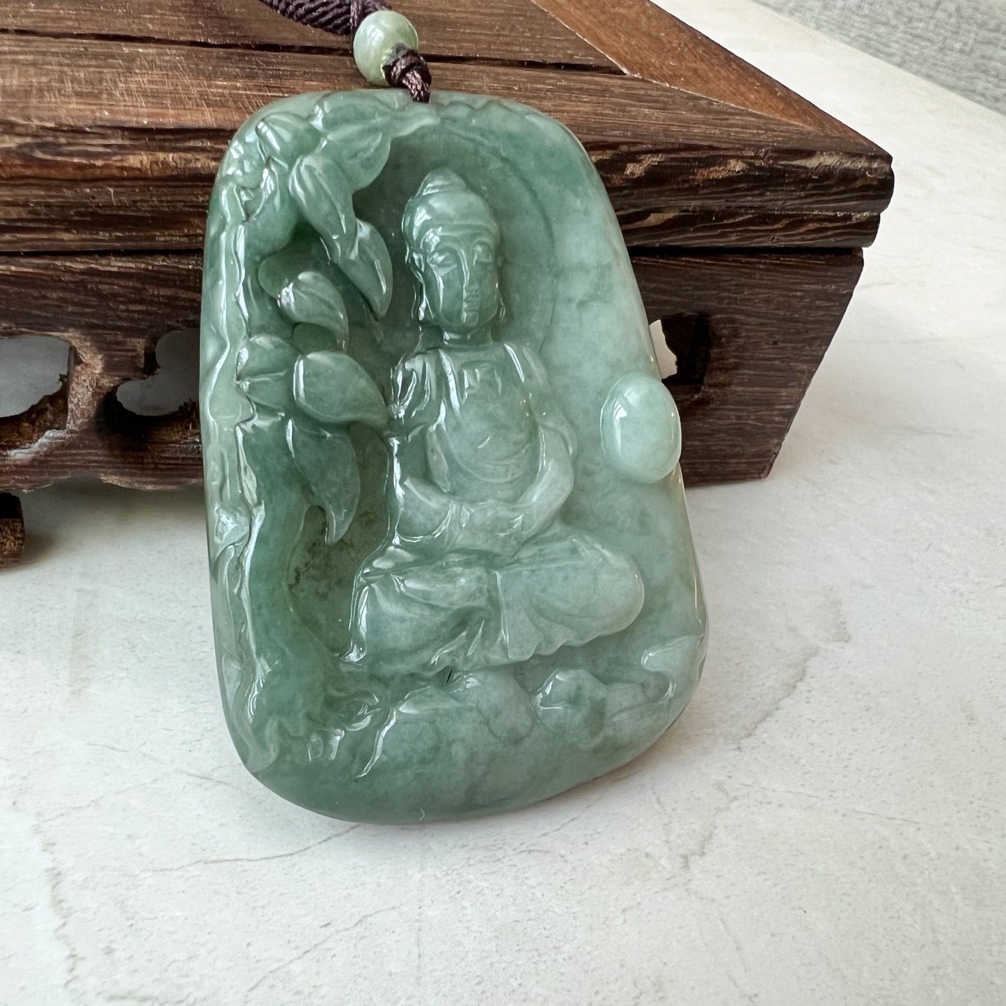 Jadeite Jade Vairocana Buddha, Da Ri Ru Lai, Đại Nhật Như Lai, 大日如来, Hand Carved Jade Pendant Necklace, YJ-1221-0295426 - AriaDesignCollection