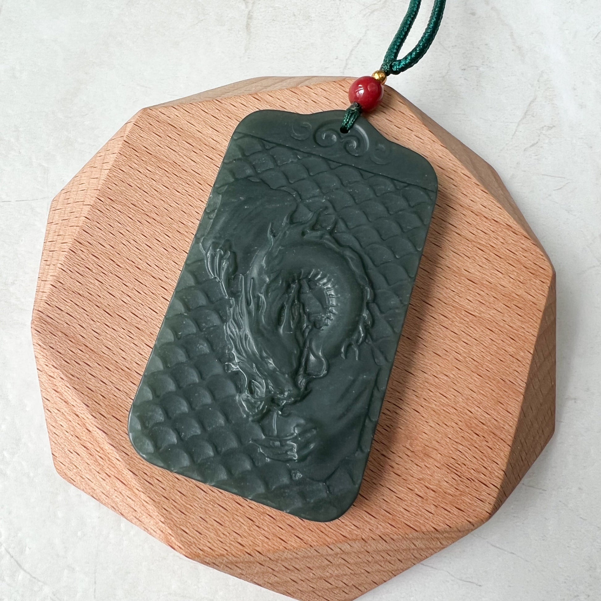 Dark Green, Nephrite Jade Dragon Zodiac Hand Carved Necklace, RLXE-1221-0076837 - AriaDesignCollection