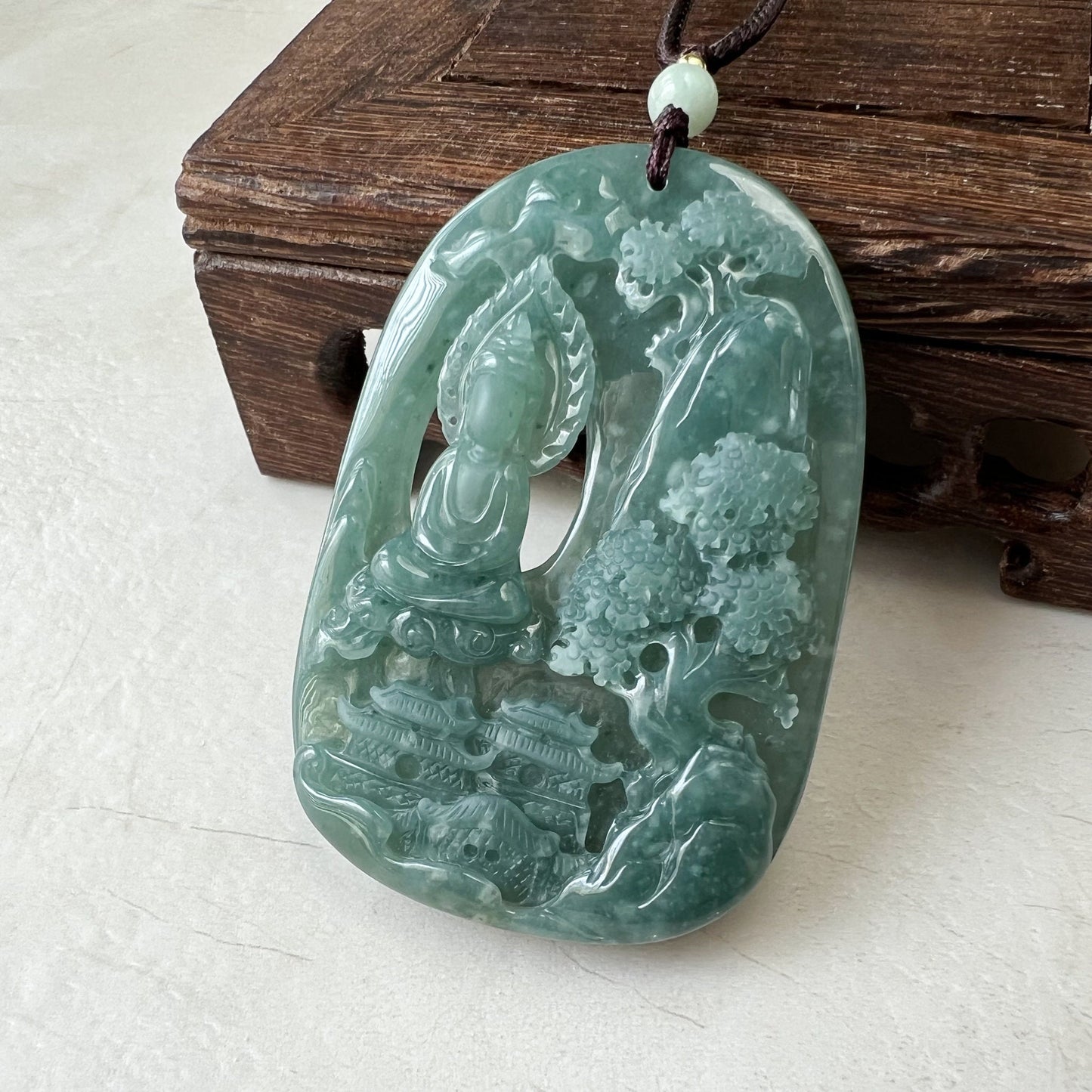 Green Faceless Guan Yin Meditating, Jadeite Jade Avalokiteshvara Hand Carved Pendant Necklace, Quan Am, ZYF-0322-1651918879 - AriaDesignCollection