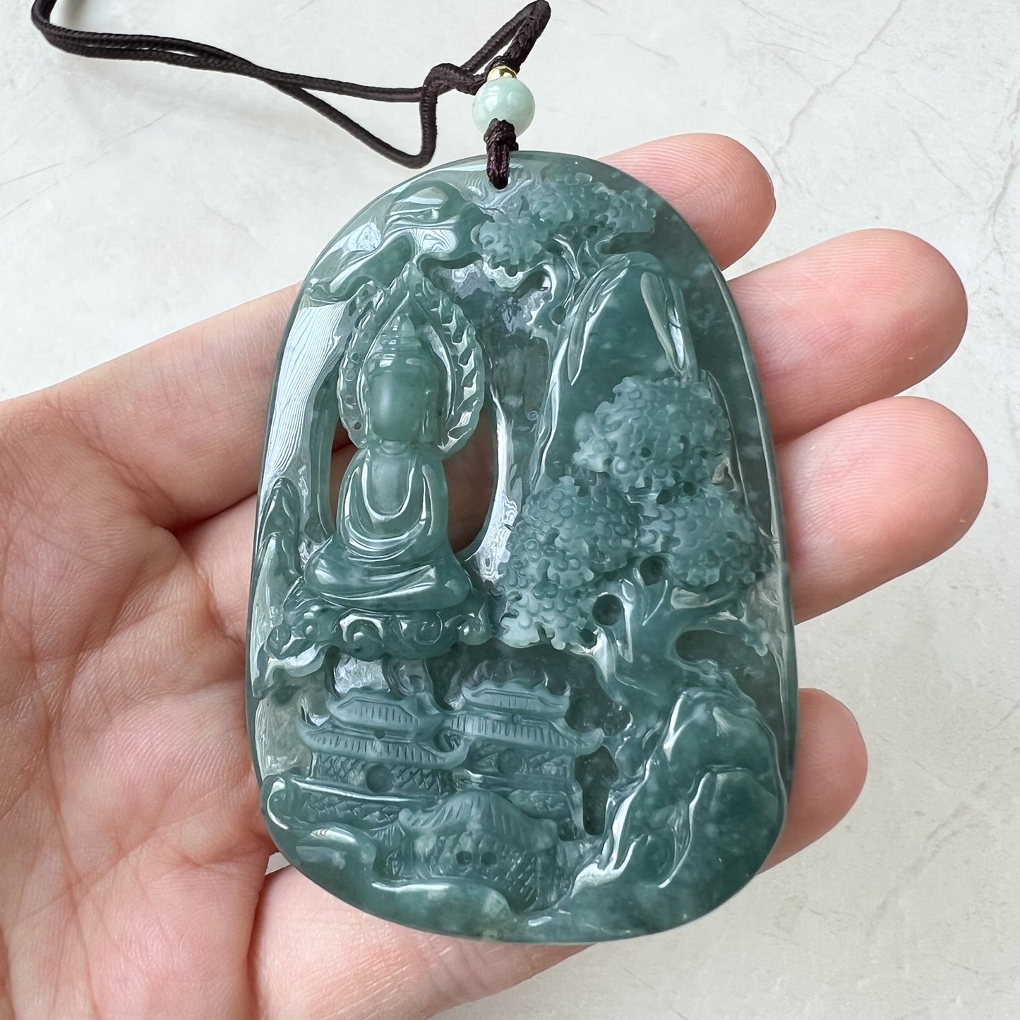 Green Faceless Guan Yin Meditating, Jadeite Jade Avalokiteshvara Hand Carved Pendant Necklace, Quan Am, ZYF-0322-1651918879 - AriaDesignCollection