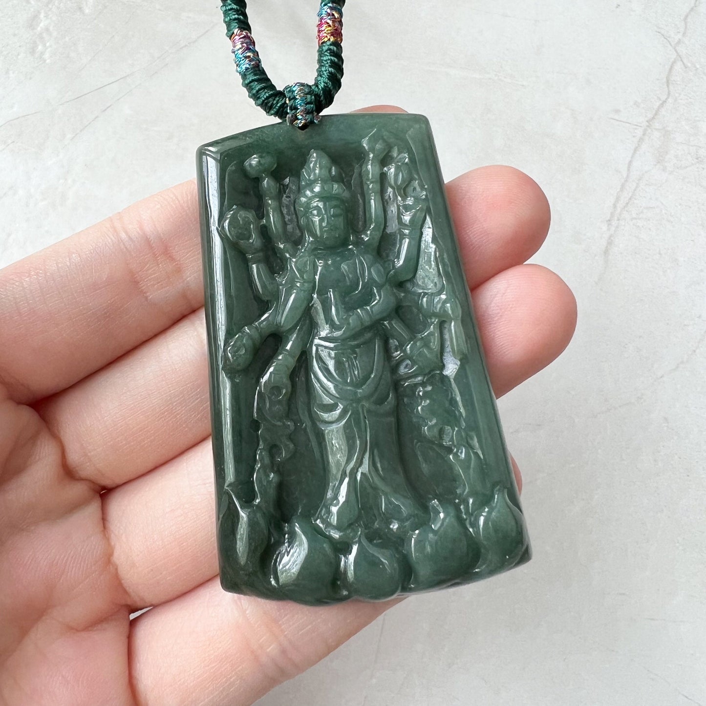 Jadeite Jade Guan Yin Avalokiteshvara Thousand Hands Carved Pendant Necklace, YJ-0322-0388080 - AriaDesignCollection