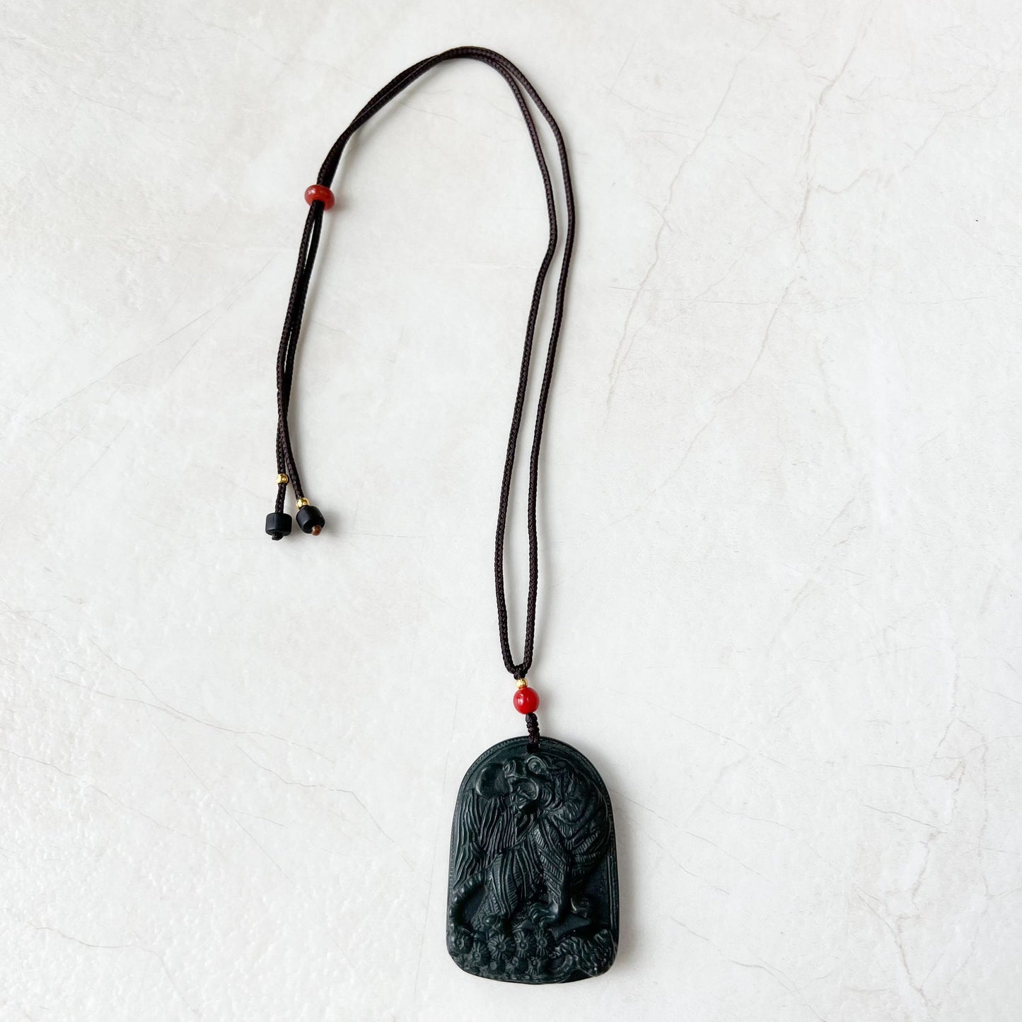 Nephrite Jade Tiger, Black Dark Green Jade, Chinese Zodiac Carved Pendant Necklace, RM-0322-1652571318 - AriaDesignCollection
