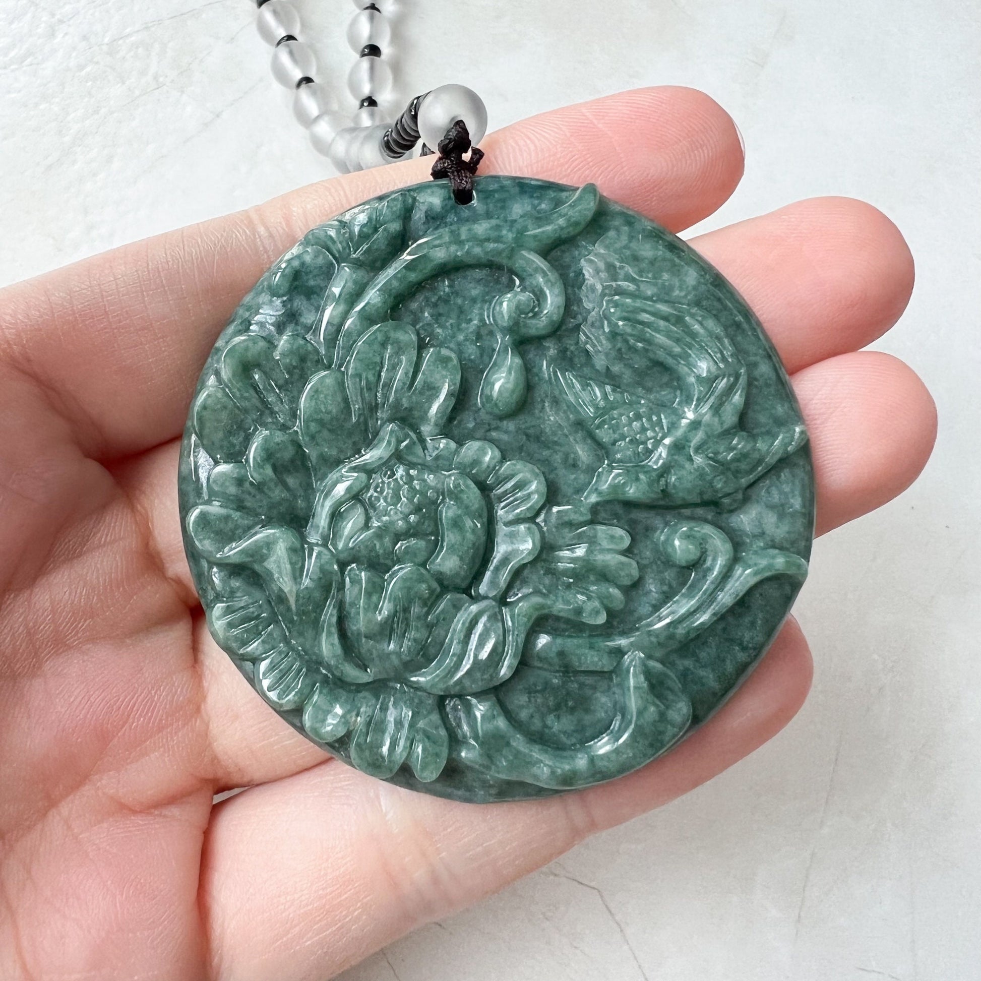 Green Jadeite Jade Floral Bird, Magpie, Hand Carved Pendant, YJ-0322-0319721 - AriaDesignCollection