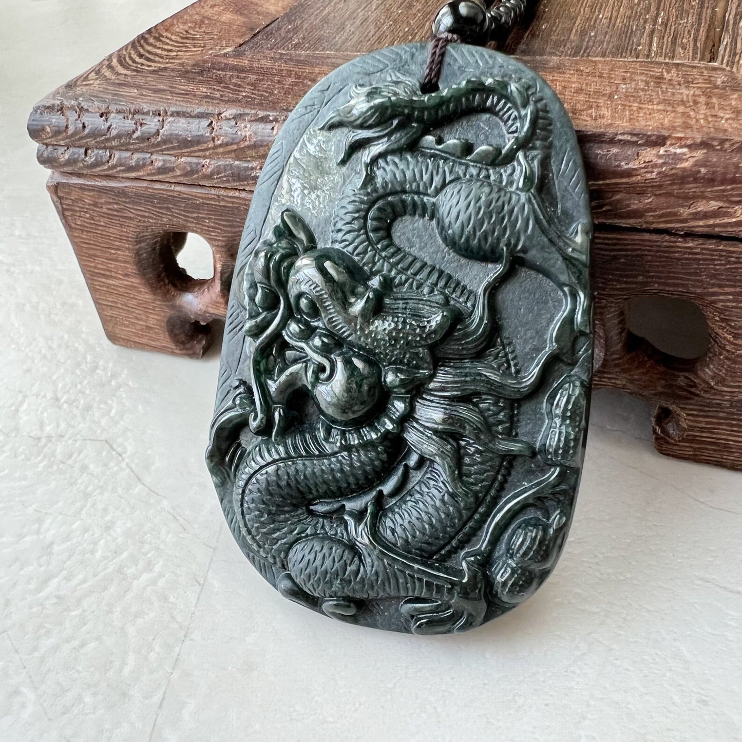 Black Jadeite Jade Omphacite Dragon Hand Carved Necklace, LGG-1221-1652974063 - AriaDesignCollection