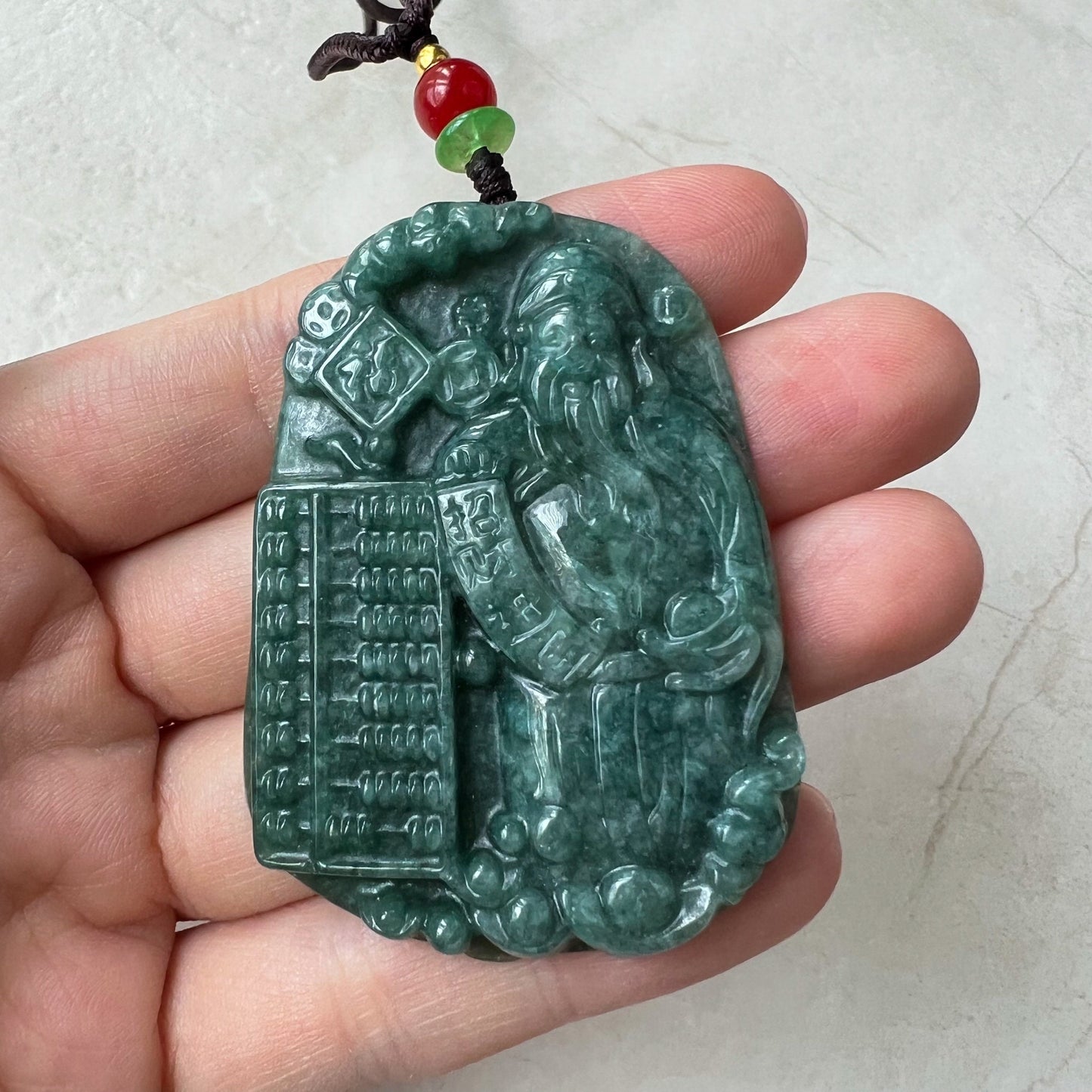 Green Jadeite Jade Fortune God, Caishen, God of Wealth, 财神, Hand Carved Pendant Necklace, YJ-0322-0405139 - AriaDesignCollection