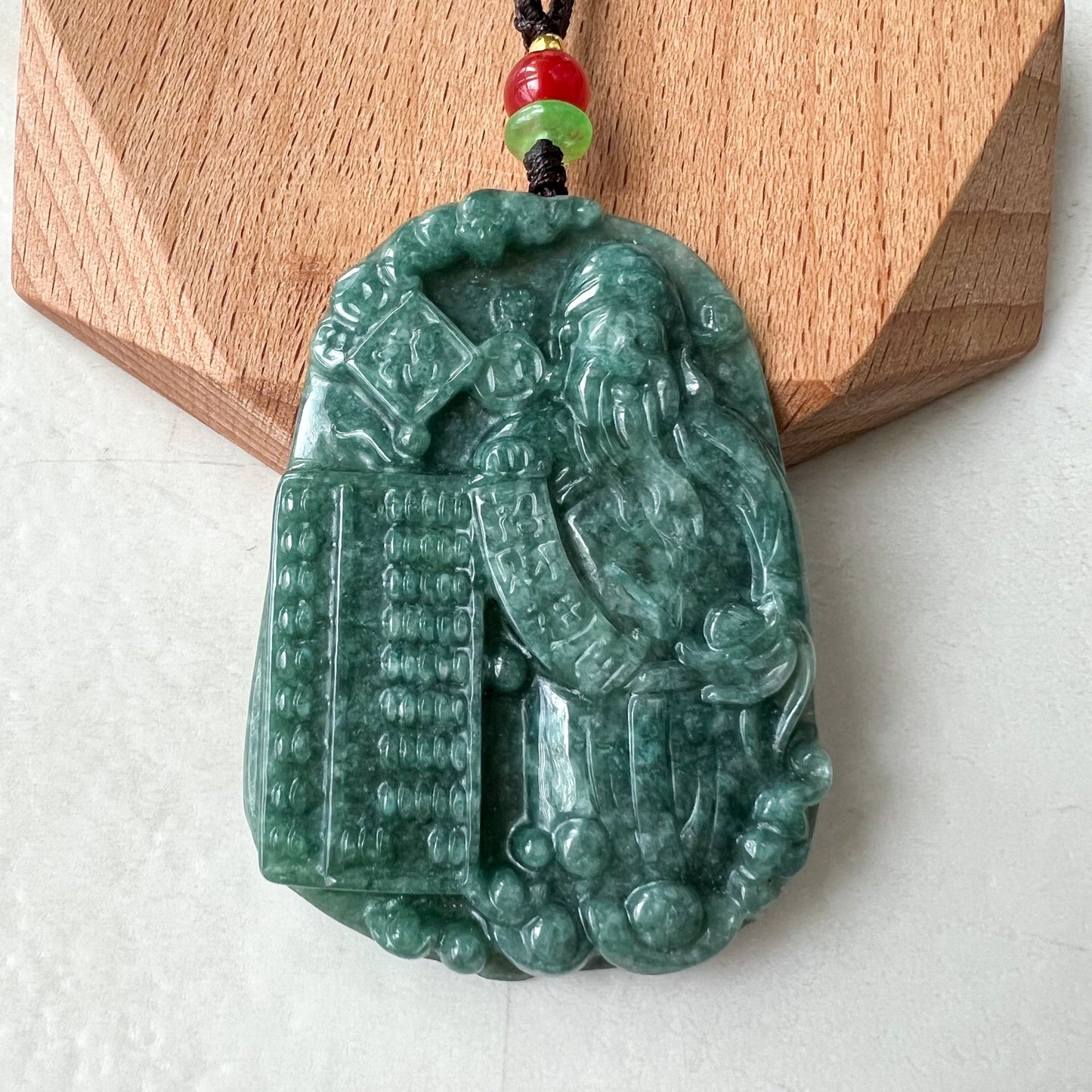 Green Jadeite Jade Fortune God, Caishen, God of Wealth, 财神, Hand Carved Pendant Necklace, YJ-0322-0405139 - AriaDesignCollection