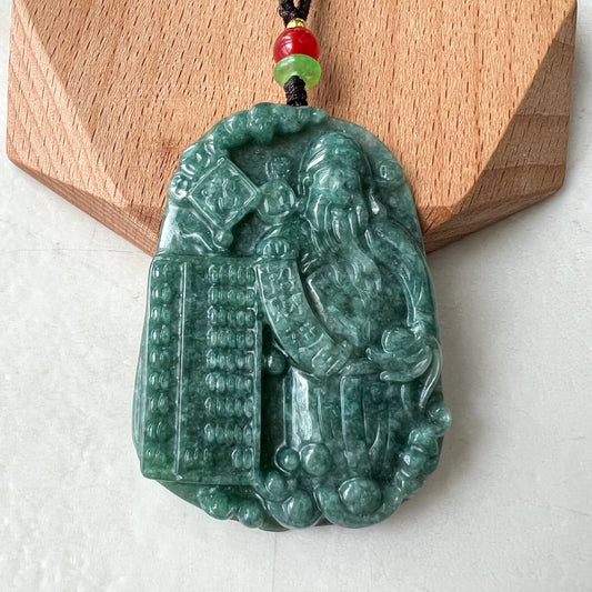 Green Jadeite Jade Fortune God, Caishen, God of Wealth, 财神, Hand Carved Pendant Necklace, YJ-0322-0405139 - AriaDesignCollection