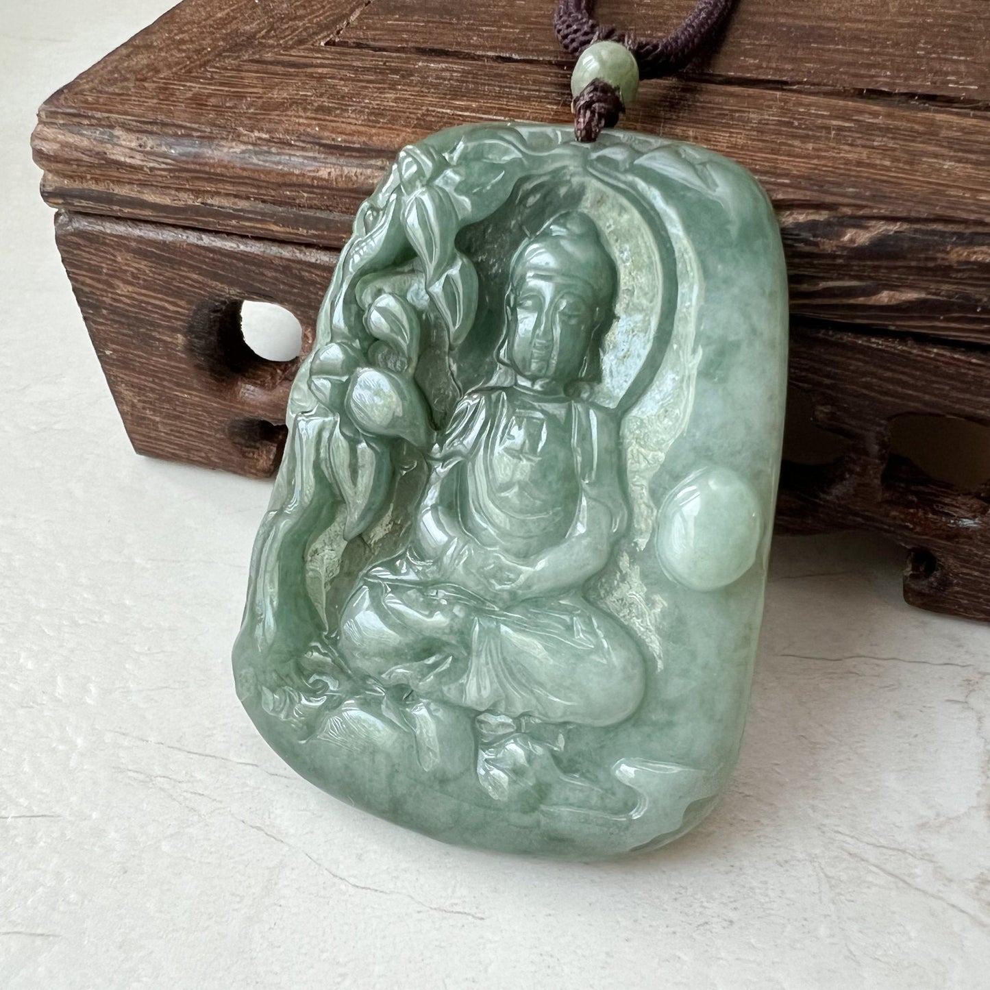 Jadeite Jade Vairocana Buddha, Da Ri Ru Lai, Đại Nhật Như Lai, 大日如来, Hand Carved Jade Pendant Necklace, YJ-1221-0295426 - AriaDesignCollection