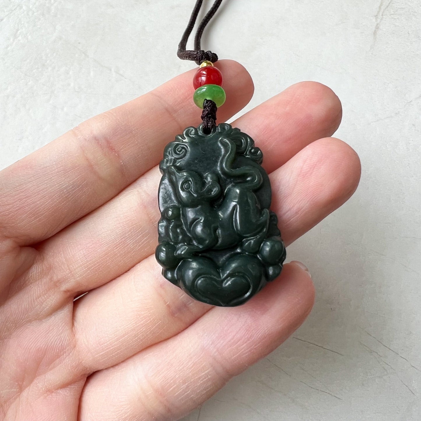 Rat Mouse Pendant, Dark Green and Black Nephrite Jade, Chinese Zodiac Carved Pendant Necklace with Jade Heart, RM-1221-1655128578 - AriaDesignCollection