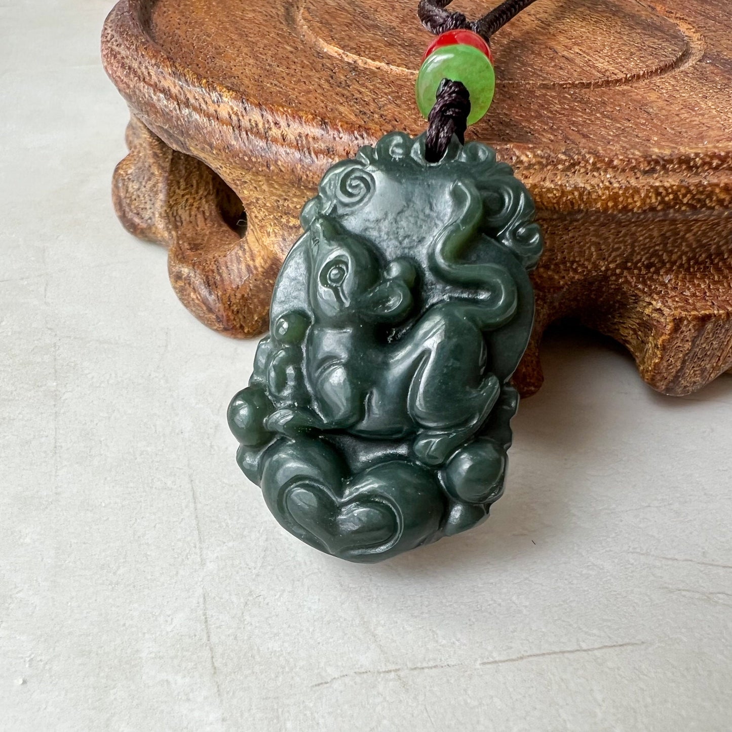 Rat Mouse Pendant, Dark Green and Black Nephrite Jade, Chinese Zodiac Carved Pendant Necklace with Jade Heart, RM-1221-1655128578 - AriaDesignCollection