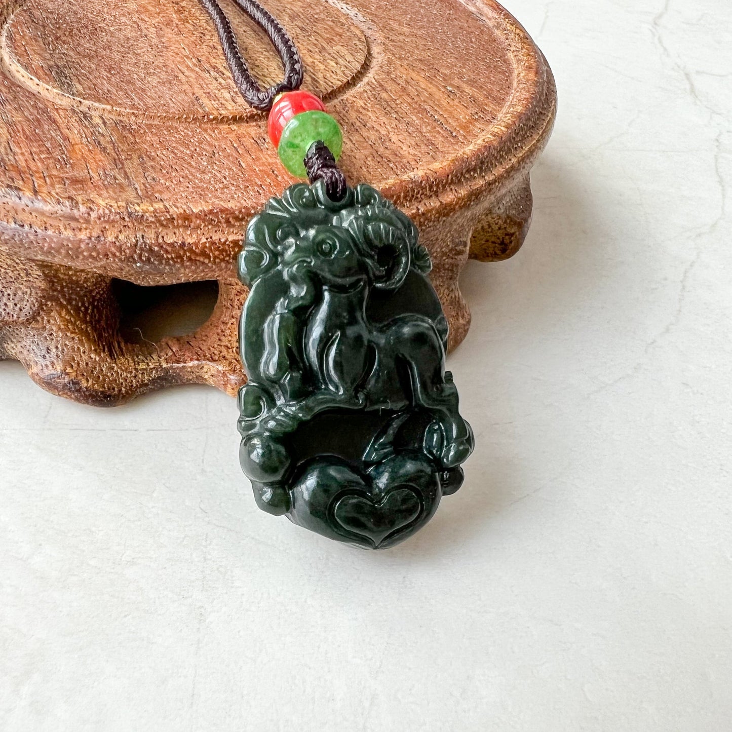 Sheep Goat Ram Chinese Zodiac Carved, Dark Green Nephrite Jade Pendant Necklace, RM-1221-1655274295 - AriaDesignCollection